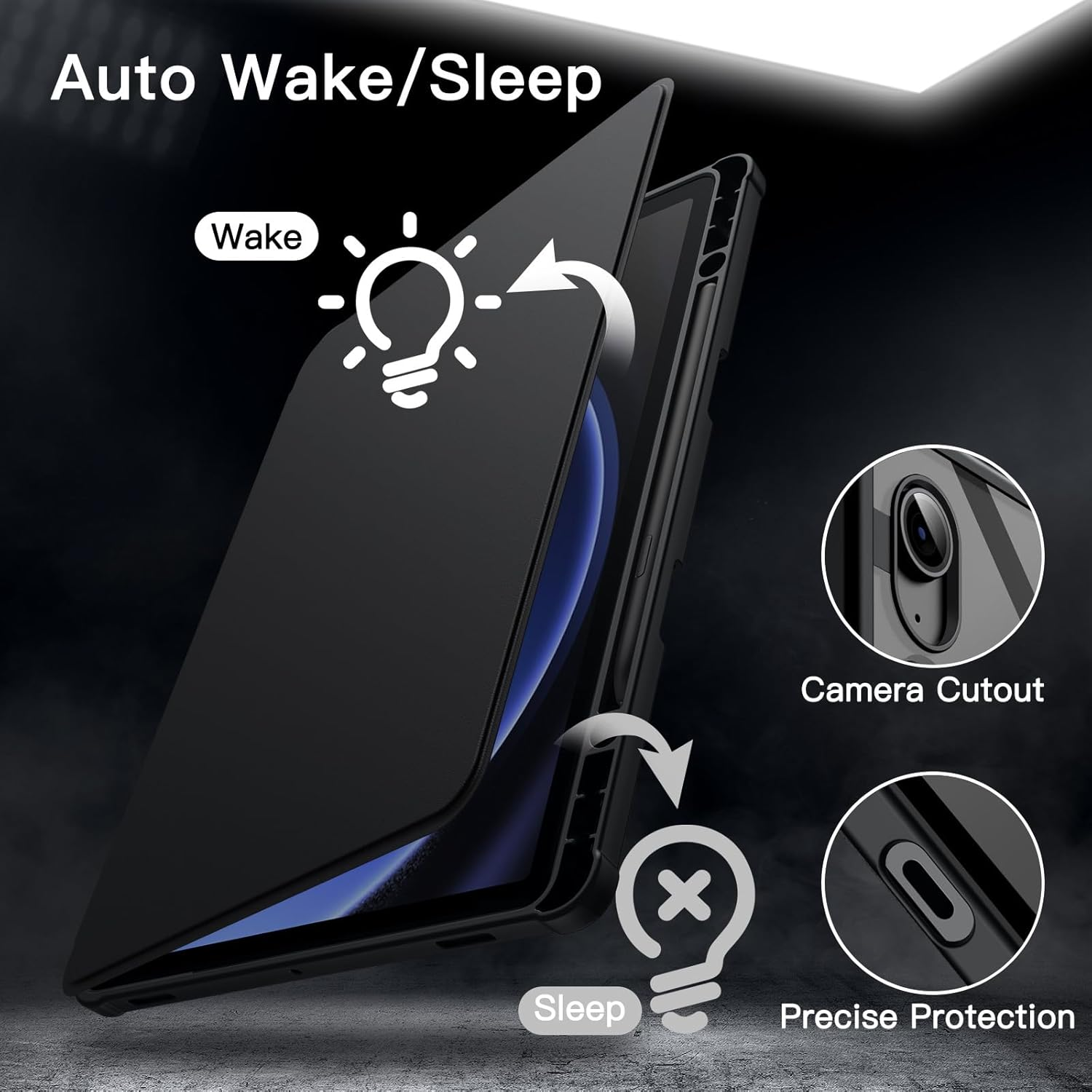 Eine schwarze Tablethülle mit dem Text 'Auto Wake/Sleep'. Illustrationen zeigen 'Wake' mit einer Glühbirne und 'Sleep' mit einer durchgestrichenen Glühbirne.