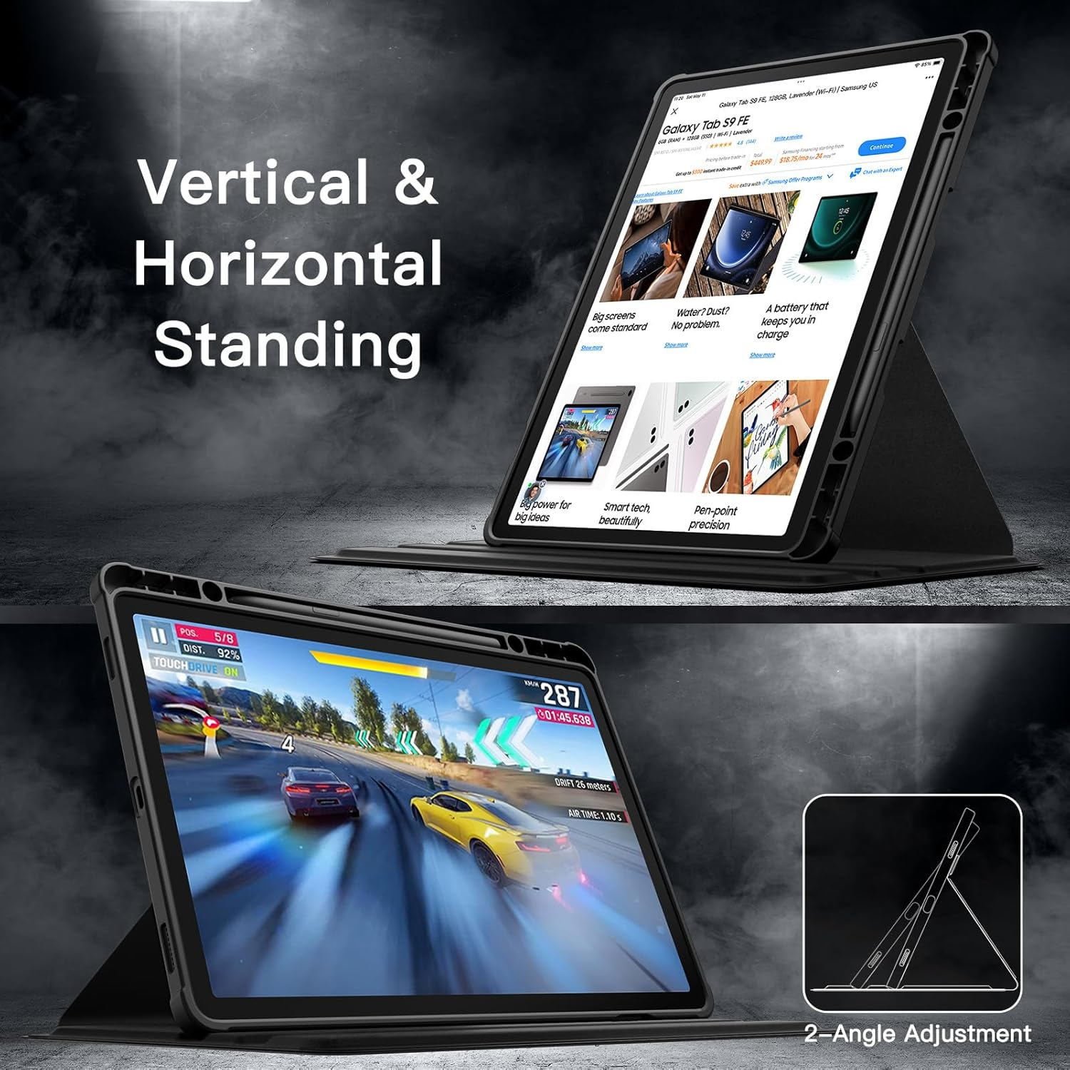 Tablet mit Rennspiel und Website. Vertikales und horizontales Stehen, 2-Winkel-Einstellung.