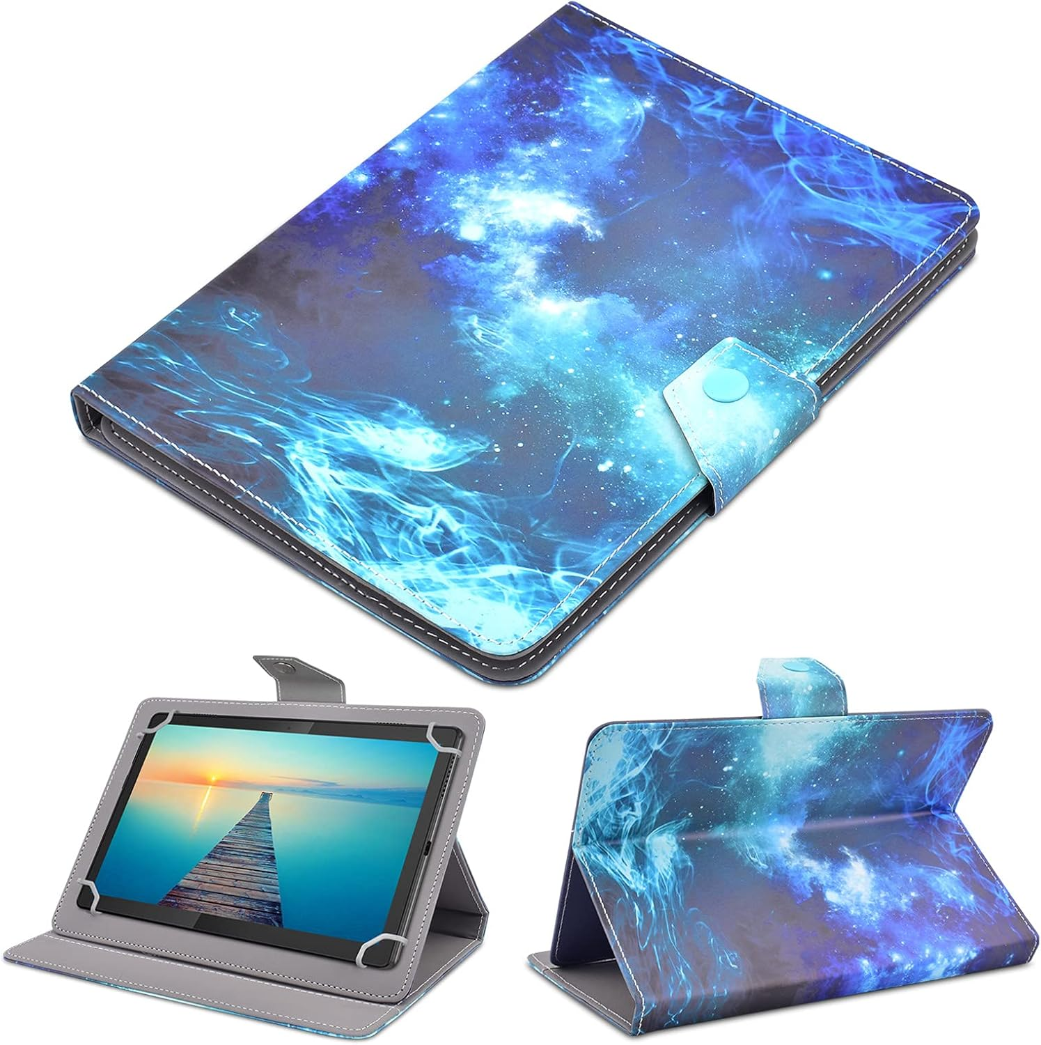 Tablet-Hülle mit blauem Galaxiemuster. Die Hülle ist geöffnet und zeigt das Tablet. Zusätzliche Bilder zeigen verschiedene Ansichten der Hülle.
