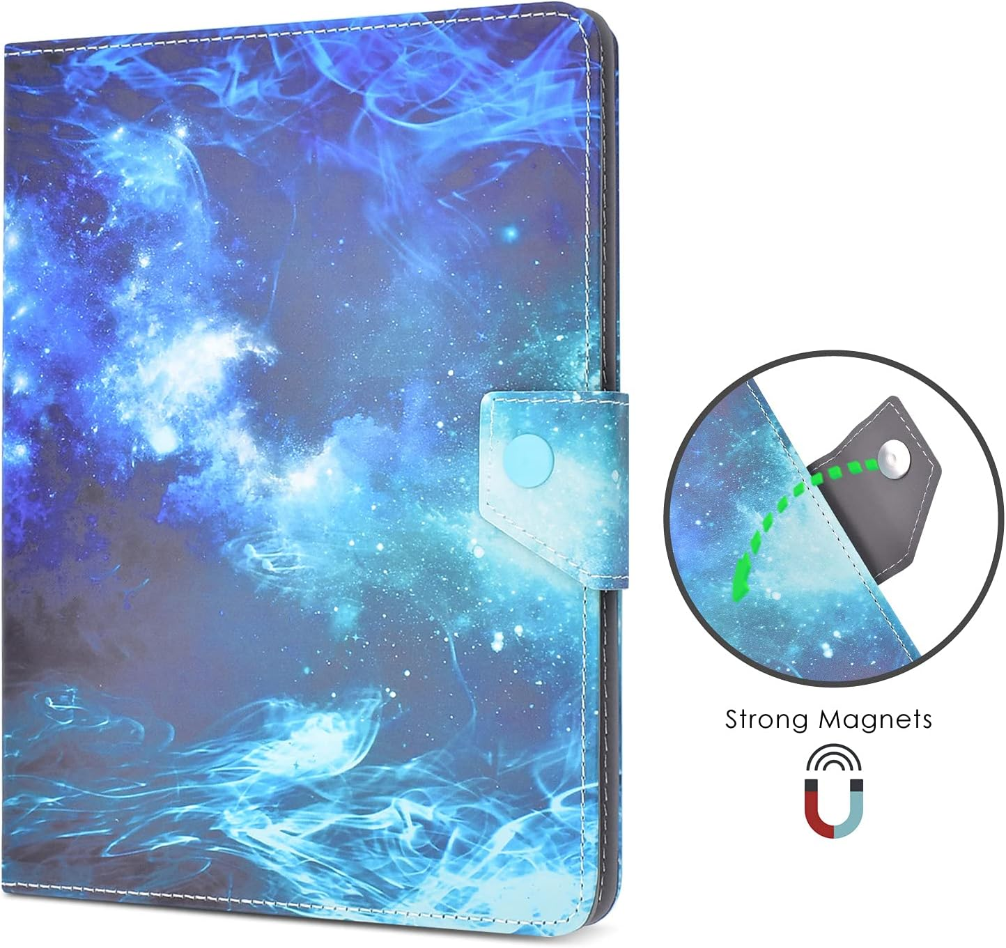 Tablet-Hülle mit blauem Galaxy-Design. Verfügt über einen Magnetverschluss und eine Abbildung mit starken Magneten für sicheren Halt.