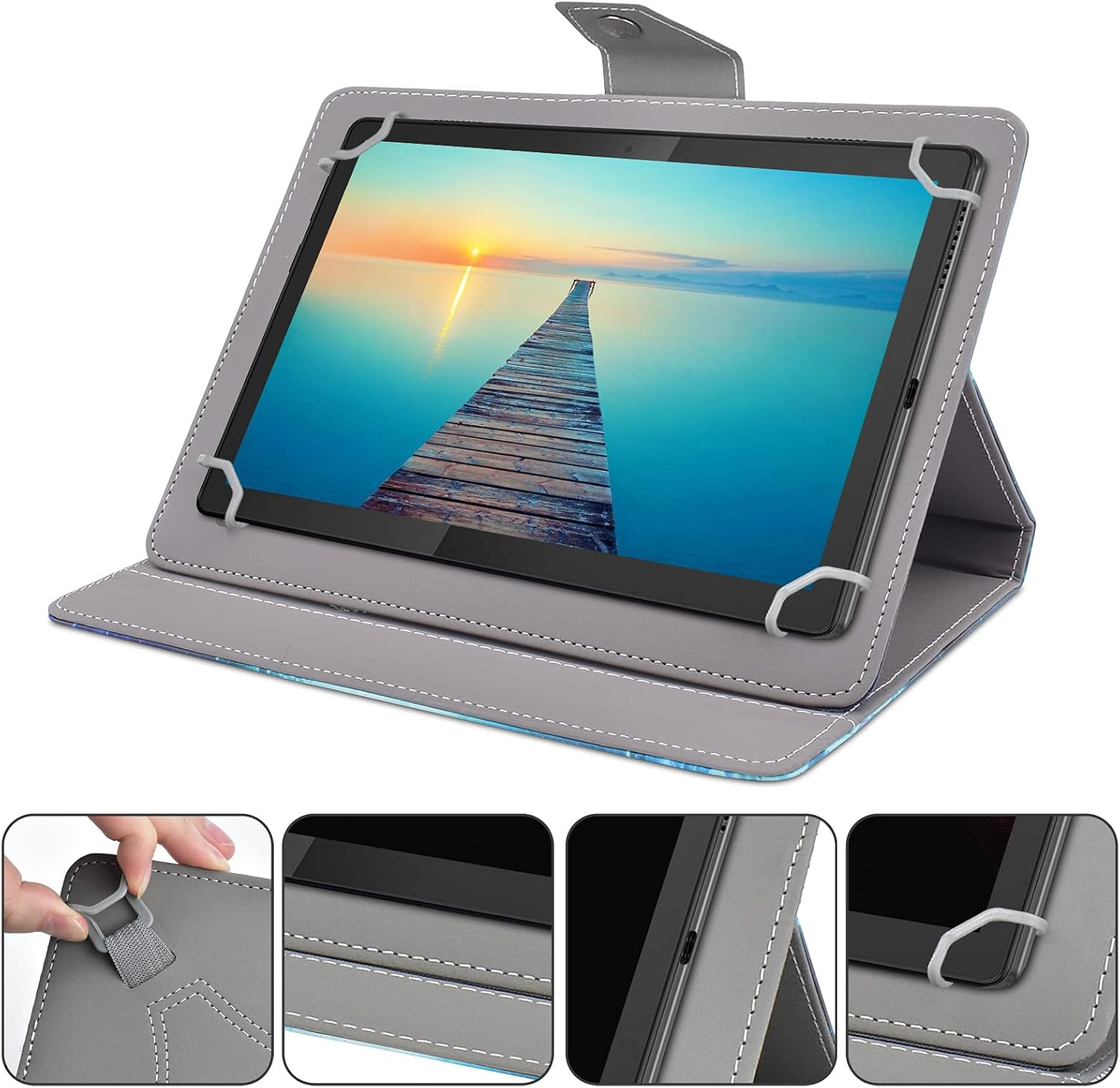 Tablet in grauem Gehäuse mit Steg über Wasser und Sonnenuntergang. Hülle hat Nähte und weiße elastische Halter.