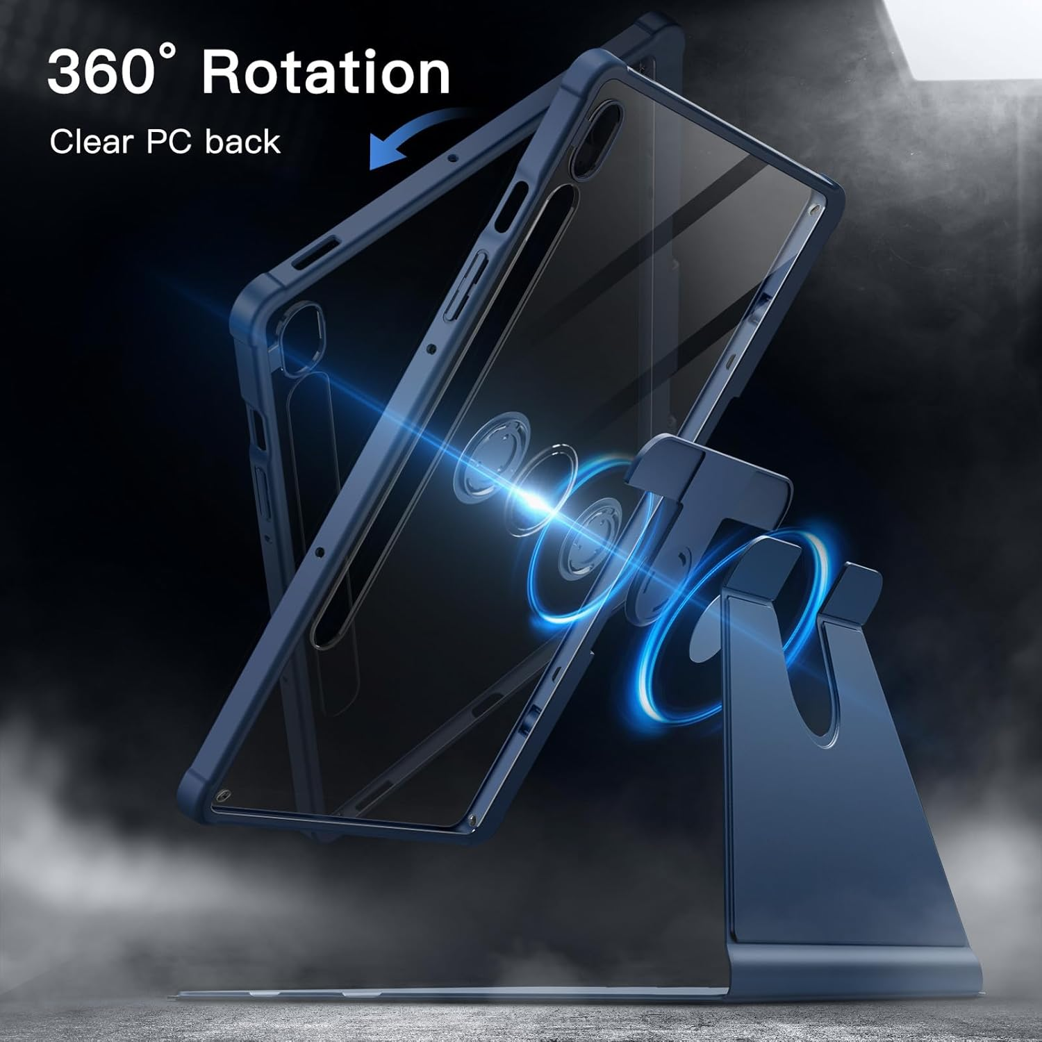 Eine blaue Handyhülle mit durchsichtigem Rückteil wird auf einem Ständer präsentiert. Text lautet '360° Rotation' und 'Clear PC back'.