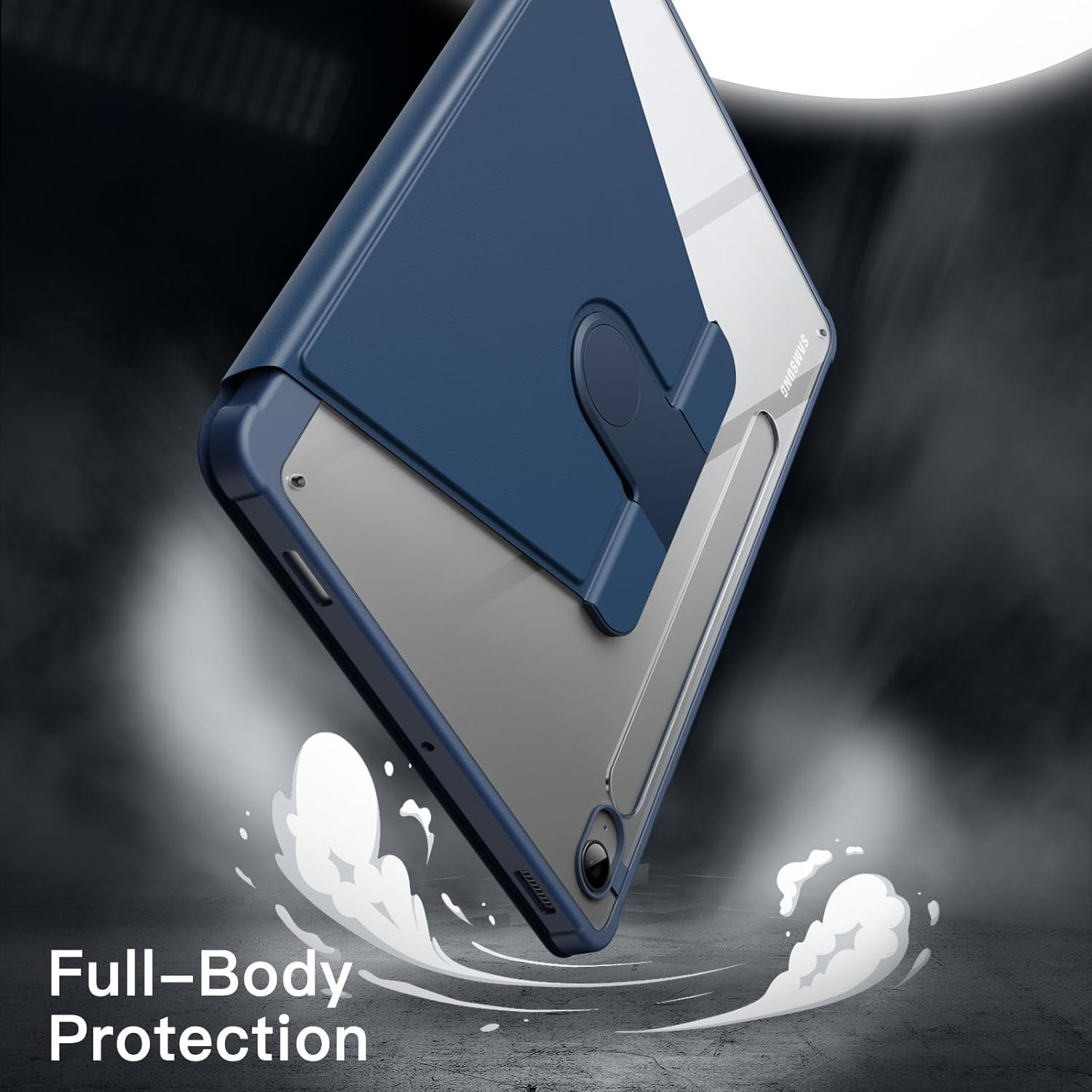 Eine Tablet-Hülle mit blauem Cover und durchsichtigem Rücken. Sie ist vor dunklem Hintergrund abgewinkelt, darunter steht 'Full-Body Protection'.