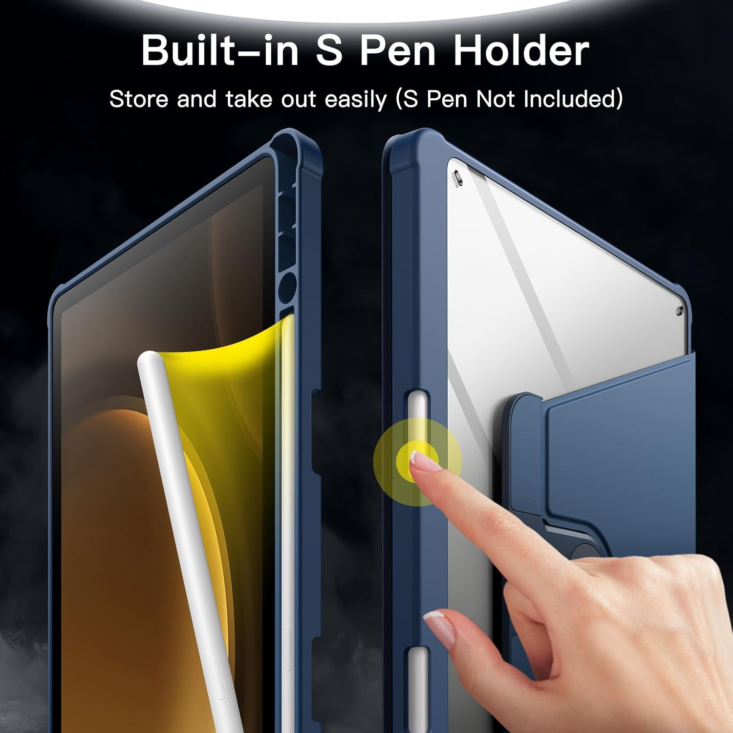 Ein Tablet in einer blauen Hülle, eine Hand berührt es. Ein weißer Stift ist sichtbar. Text: Integrierter S-Pen-Halter, einfach verstauen und entnehmen.