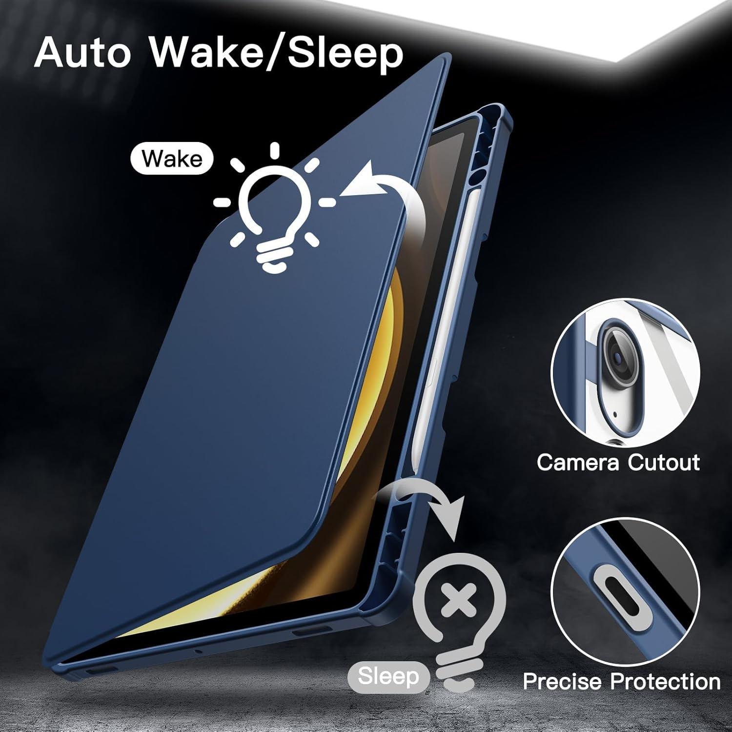 Blaue Tablet-Hülle mit Auto-Wake/Sleep-Funktion. Zeigt offene und geschlossene Positionen, Kameraausschnitt und präzisen Schutz.