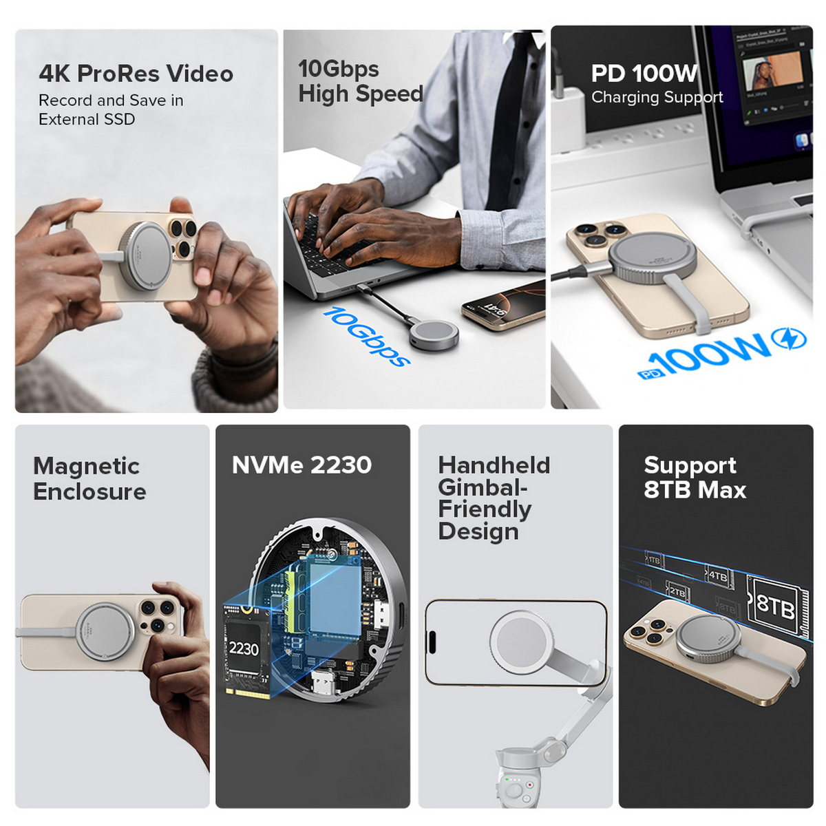 Das Bild zeigt ein Telefon mit Magnetbefestigung, eine Person, die einen Laptop benutzt, und Produktmerkmale: 4K-Video, 10 Gbit/s Geschwindigkeit und 100 W Laden.