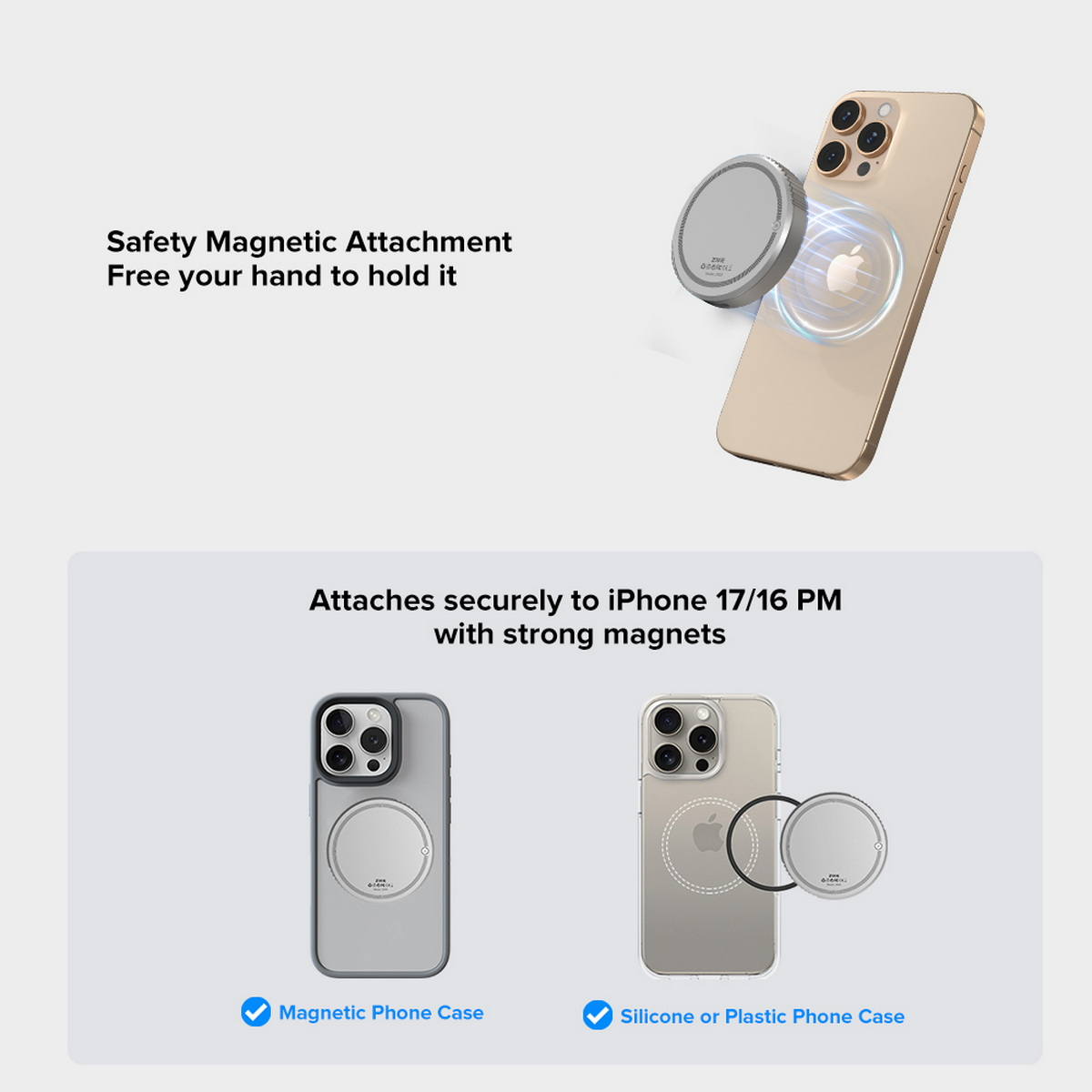 Das Bild zeigt ein iPhone mit Magnetbefestigung. Es zeigt zwei Handyhüllen mit Magnetbefestigungen und Text, der das Produkt beschreibt.