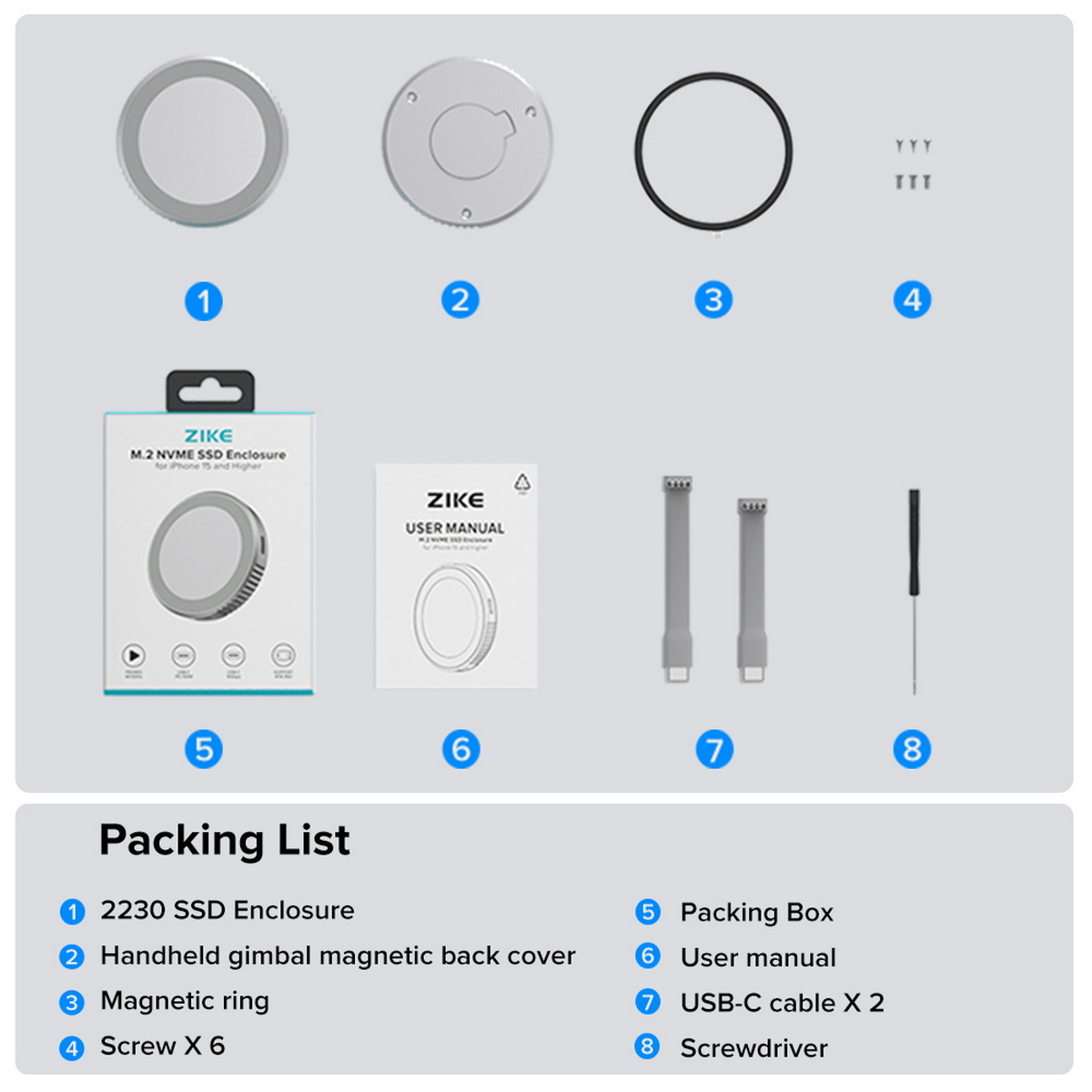 Produktpaket: SSD-Gehäuse, Magnetring, Schrauben, Box, Handbuch, Kabel und Schraubendreher. Alles mit Nummern gekennzeichnet.