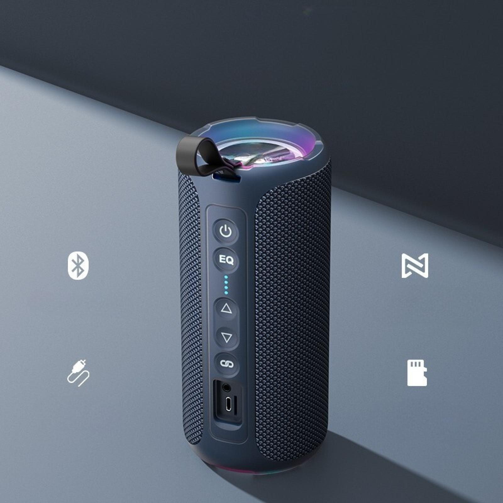 Ein dunkelblauer zylindrischer Lautsprecher mit Steuertasten. Er hat einen Griff und Licht oben. Bluetooth und andere Symbole sind darum herum.