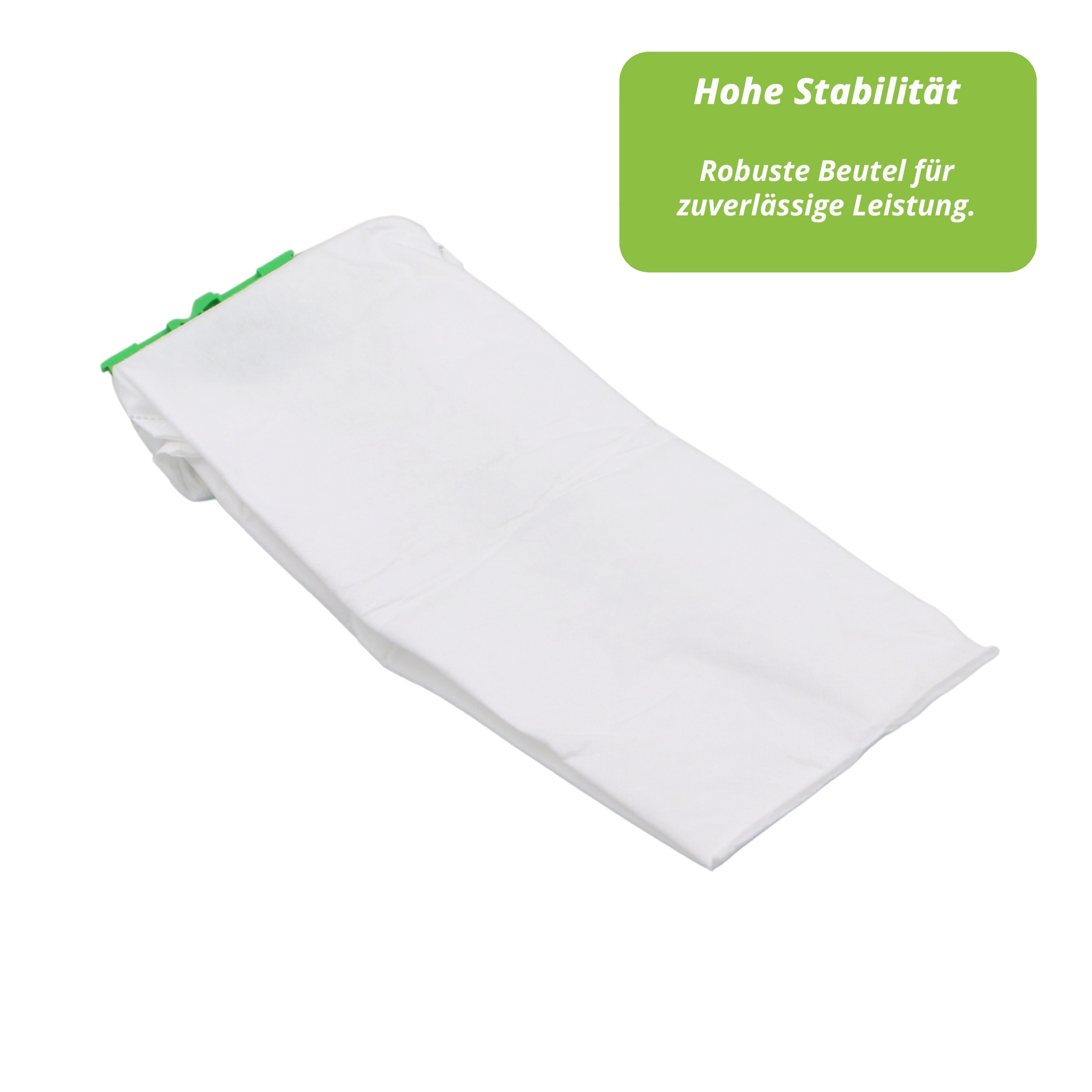 Ein weißer Staubsaugerbeutel mit grünen Akzenten, vor weißem Hintergrund mit grünem Textfeld.