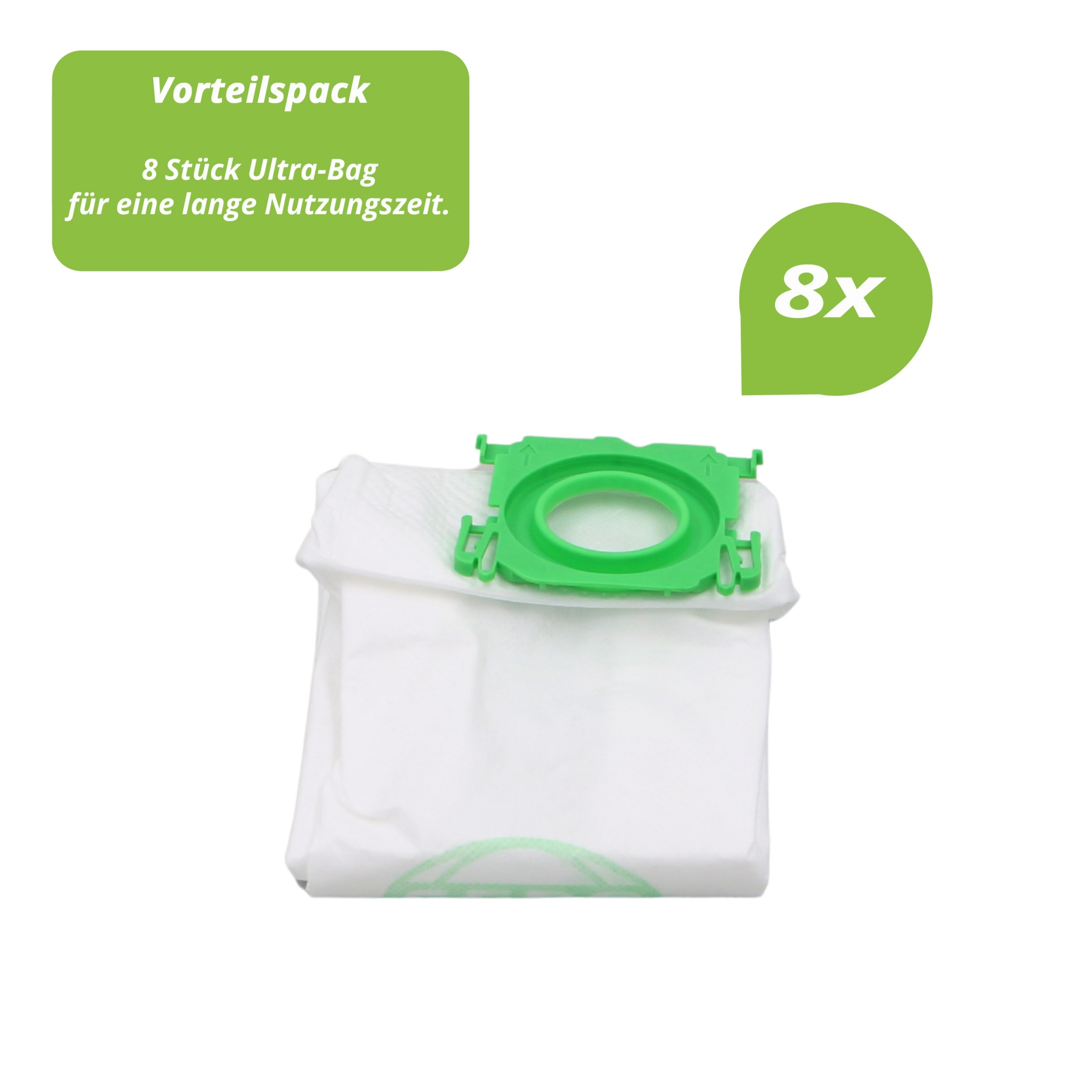 Weißer Staubsaugerbeutel mit grünen Kunststoffteilen. Deutscher Text: Packung mit 8 Beuteln.
