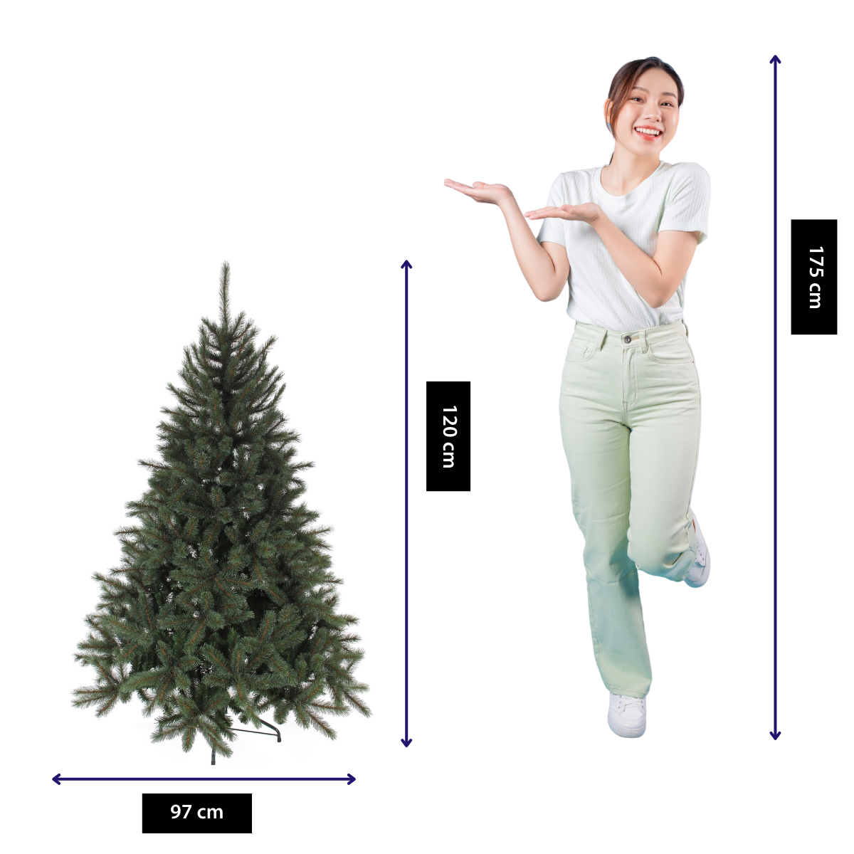 Une femme montre un sapin de Noël. Dimensions : arbre 120cm, femme 175cm. L'arbre mesure 97cm de large. La femme porte du blanc et du vert.