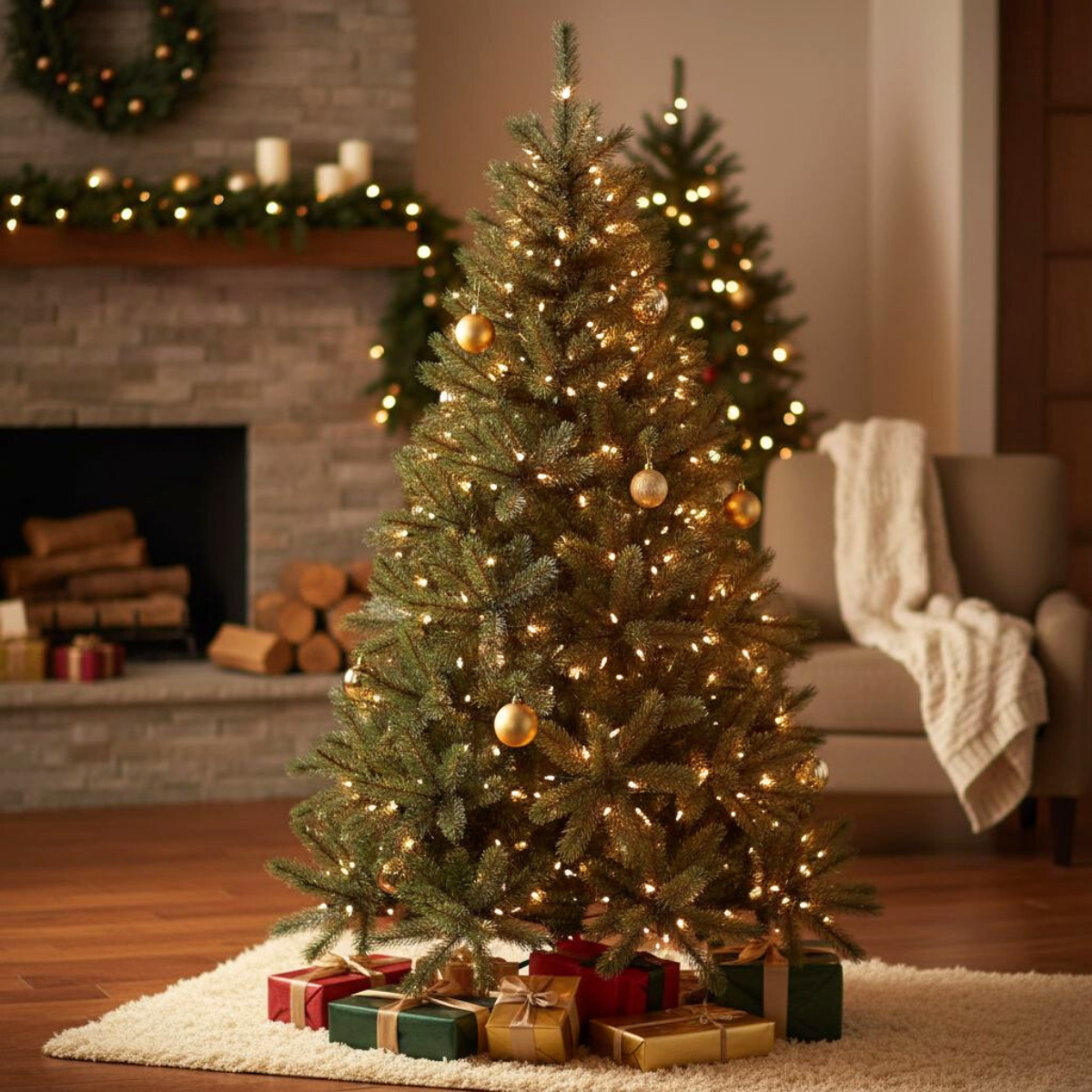 Un arbre de Noël décoré avec des lumières et des ornements. Des cadeaux sont sous l'arbre. Cheminée et canapé en arrière-plan.