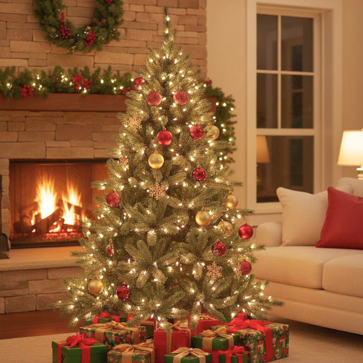 Un sapin de Noël décoré d'ornements et de lumières dans un salon. Cadeaux sous le sapin, cheminée en arrière-plan.
