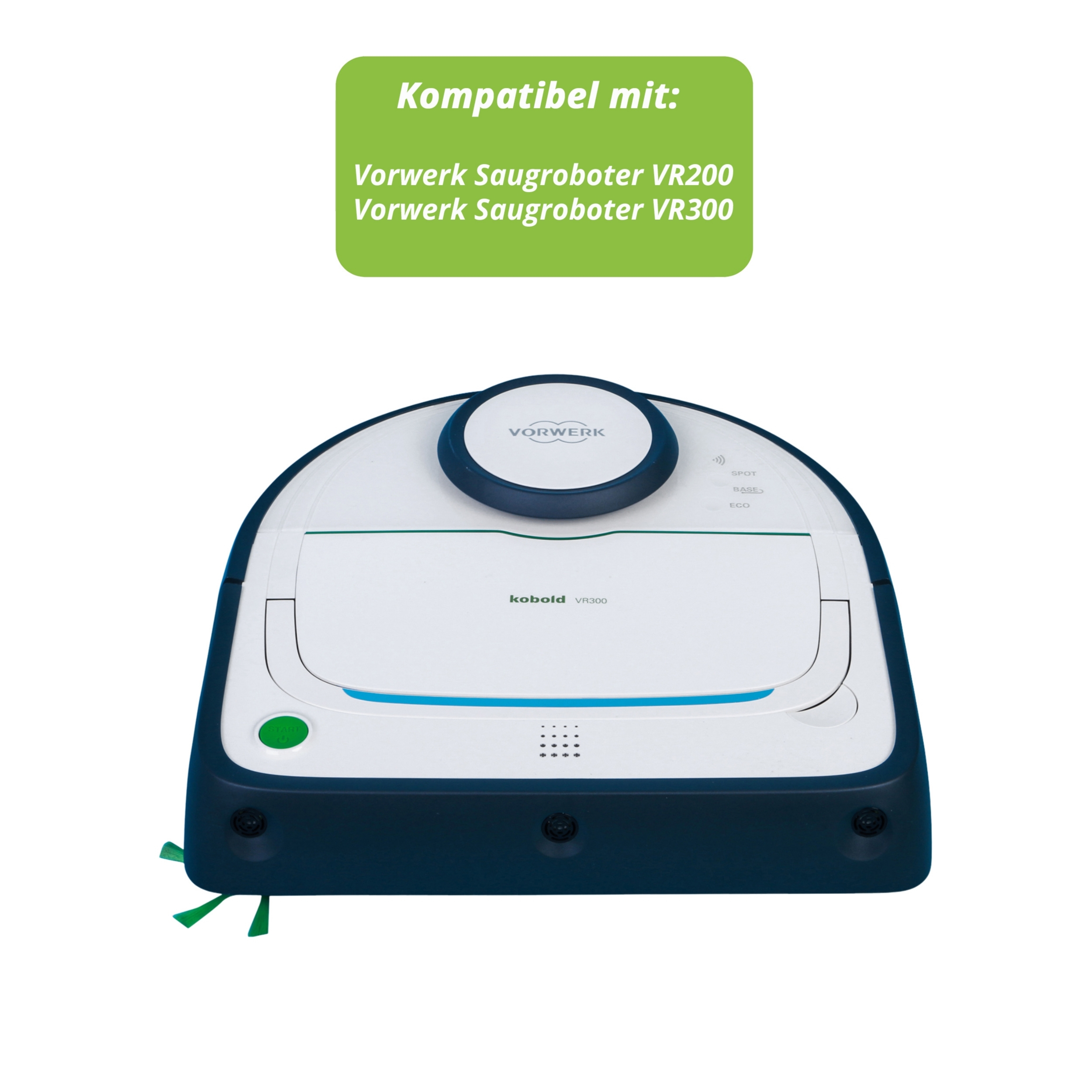 Ein weiß-blauer Roboter-Staubsauger mit grünen Bürsten. Oben befindet sich ein Knopf und der Text: Vorwerk und Kobold VR300.