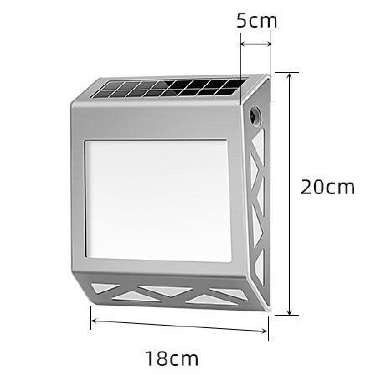 Eine silberne, solarbetriebene Wandleuchte. Rechteckig mit weißem Lichtfeld, Abmessungen angezeigt, Solarpanel oben.