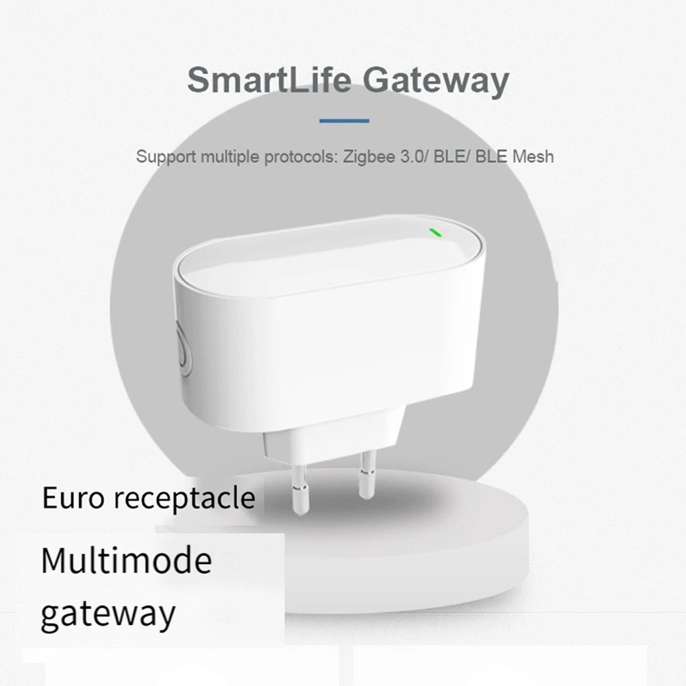 Ein weißes SmartLife Gateway-Gerät mit Euro-Stecker auf weißem Sockel. Text: Euro-Steckdose, Multimode-Gateway.