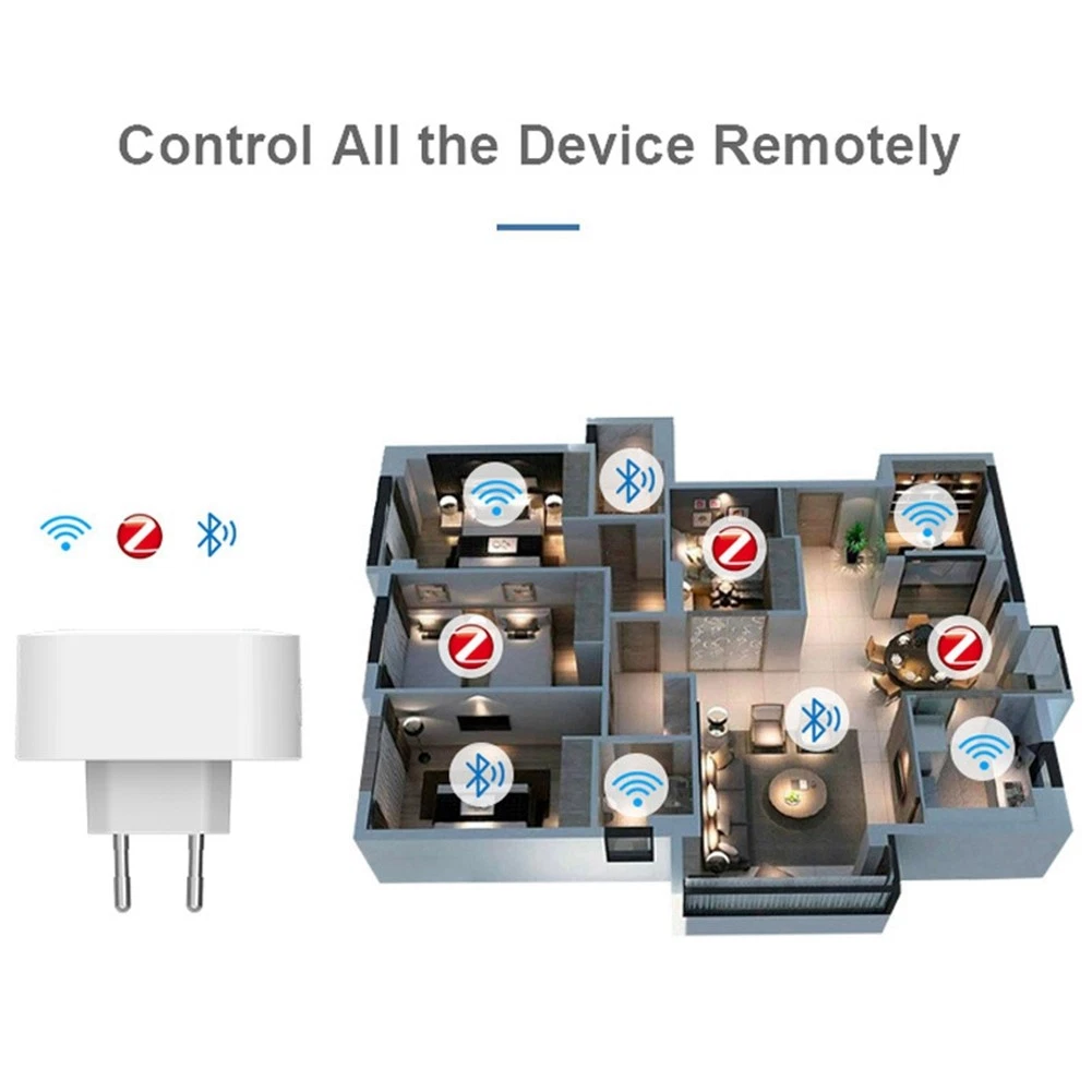 Ein weißer Smart-Stecker neben einem Hausplan mit Gerätebedienungssymbolen. Der Text lautet 'Steuern Sie alle Geräte fern'.