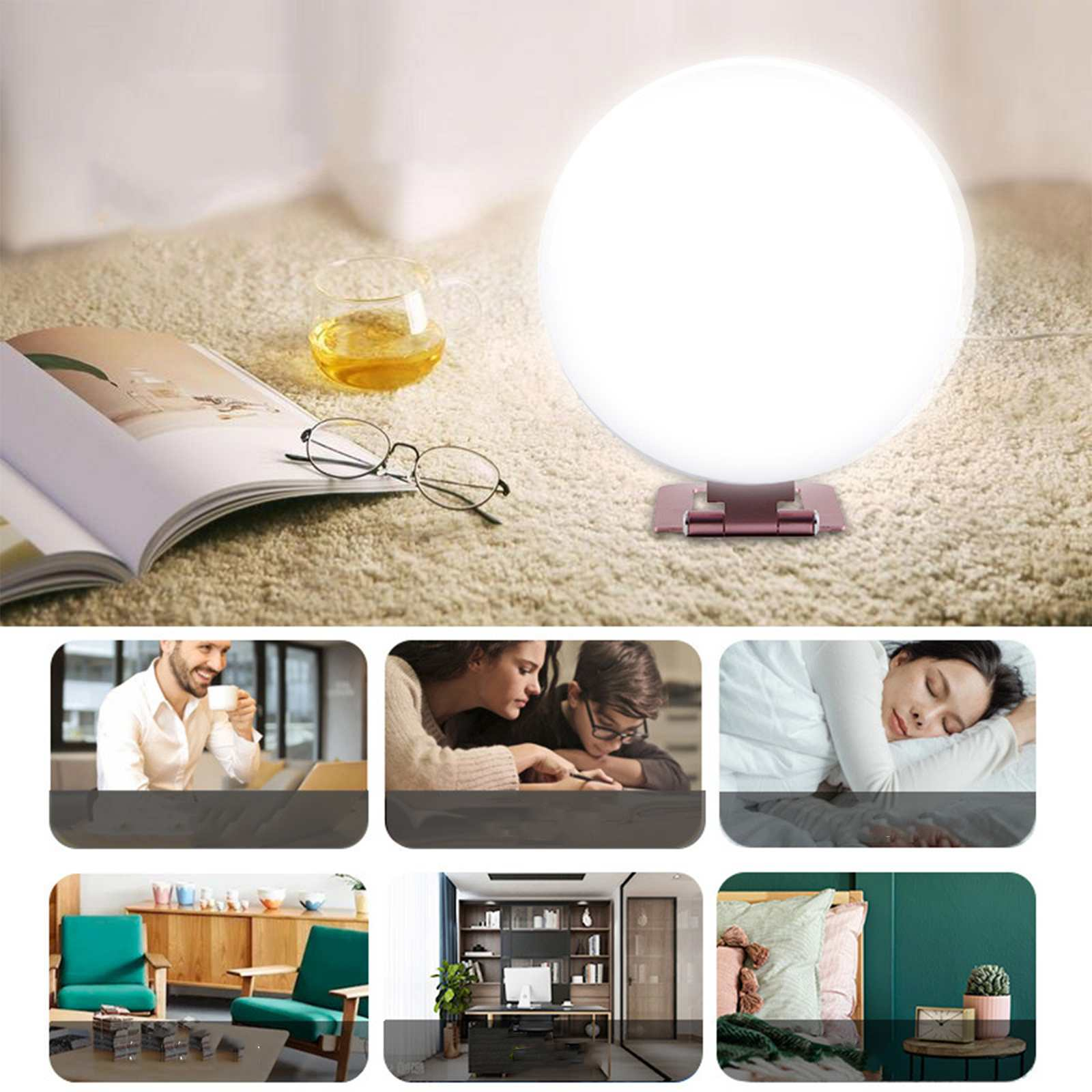 Eine helle Lampe, ein Buch und eine Brille liegen auf einem Teppich. Kleinere Bilder zeigen Menschen beim Lernen, Entspannen und Arbeiten.
