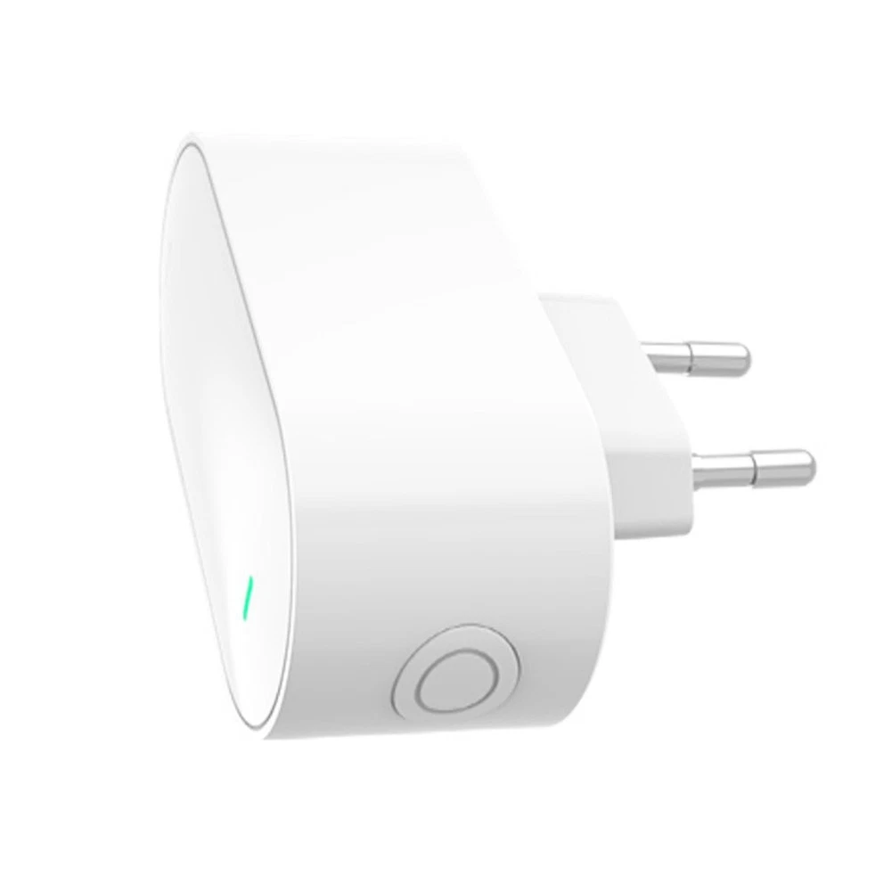 Ein weißes elektronisches Gerät mit Stecker. Es hat einen runden Knopf und ein grünes Licht. Der Hintergrund ist weiß.