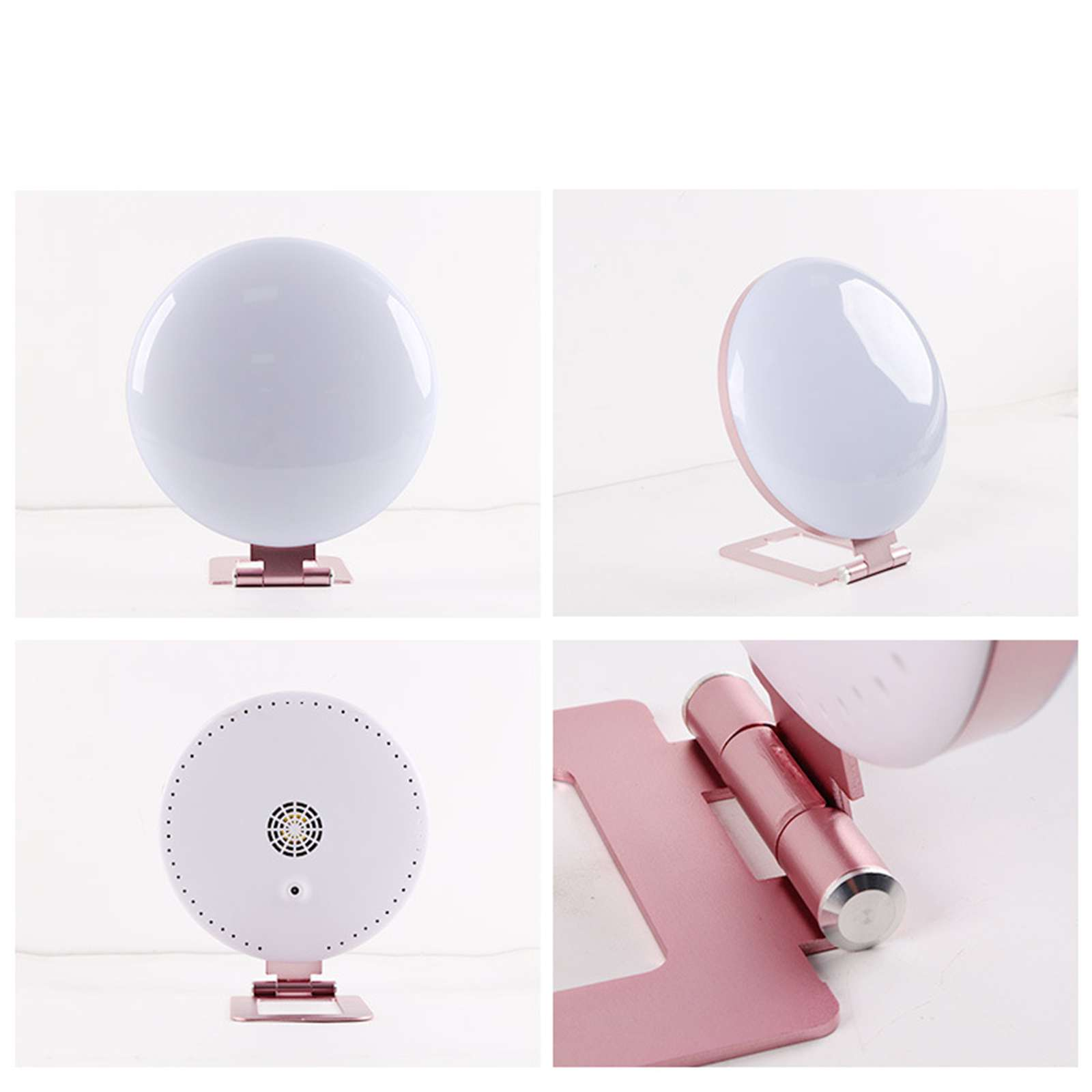 Eine weiße und rosa LED-Lichttherapielampe. Die Lampe hat ein kreisförmiges Licht und einen rosa Ständer.