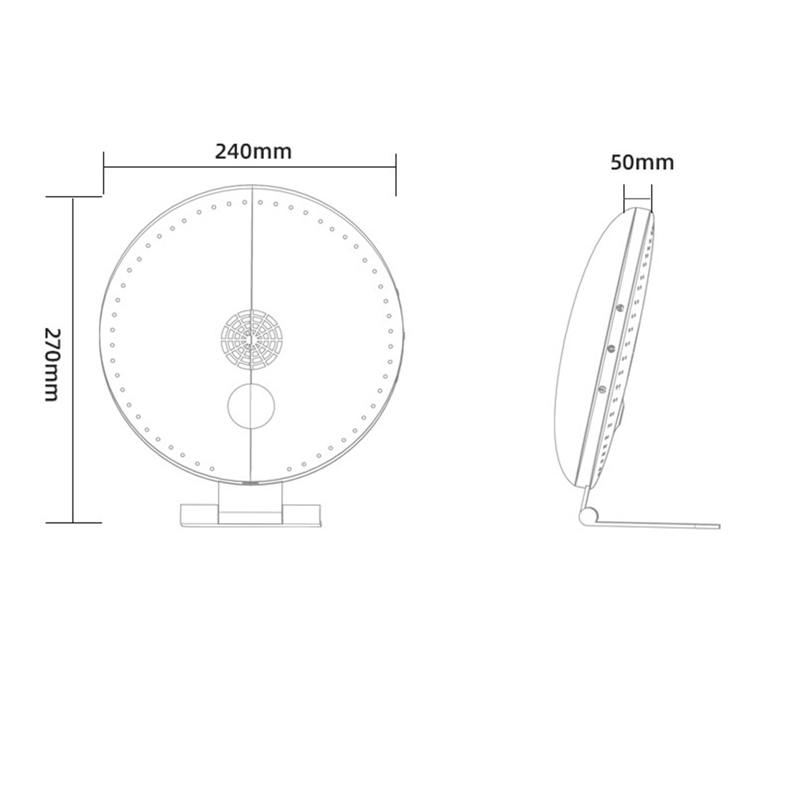Diagramm eines kreisförmigen Spiegels mit den Maßen: 240 mm Durchmesser, 270 mm Höhe und 50 mm Dicke. Seitenansicht ebenfalls dargestellt.