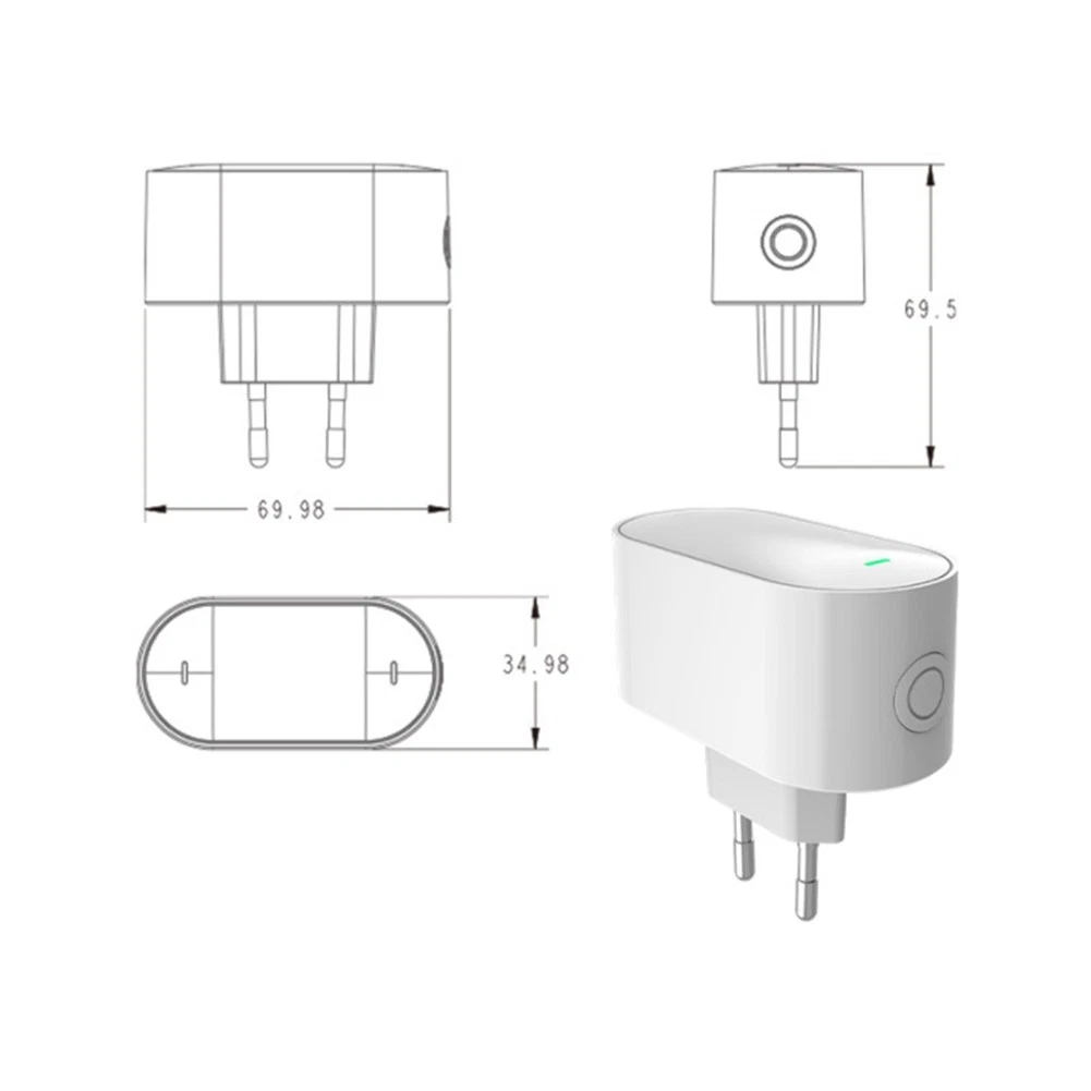 Diagramm eines weißen Smart-Steckers mit Abmessungen. Zeigt Vorder-, Ober- und Seitenansichten. Auch ein 3D-Rendering des Steckers wird angezeigt.