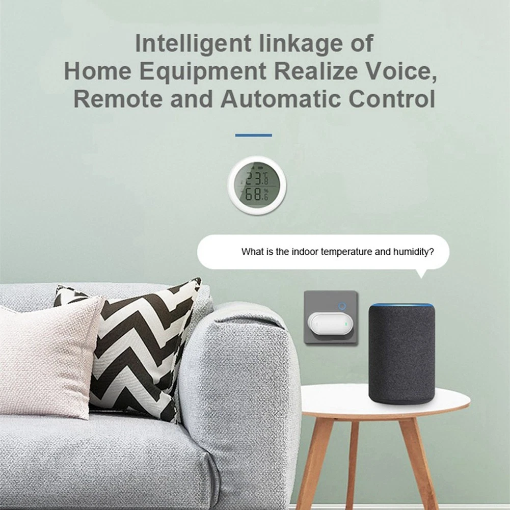 Ein Smart-Home-Setup zeigt einen Lautsprecher, ein Thermostat, einen Schalter und ein Sofa mit Kissen, das die Smart-Home-Steuerung veranschaulicht.