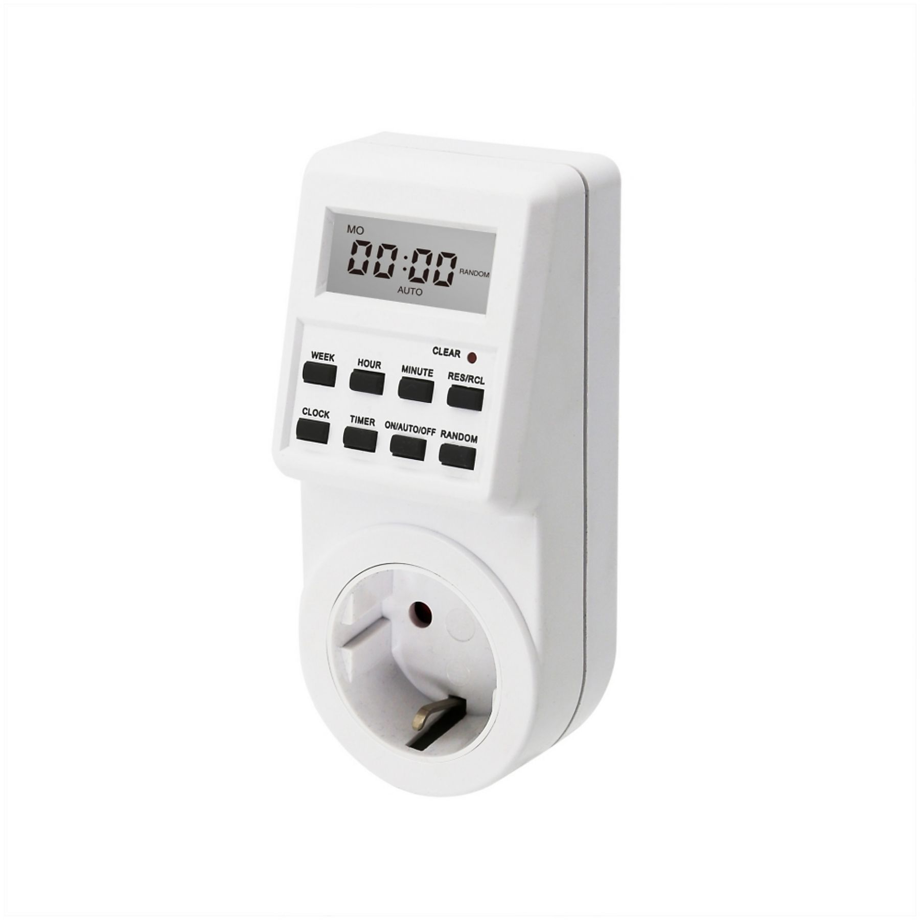 Ein weißer digitaler Timer mit Knöpfen und einer Steckdose. Auf dem Display wird 00:00 angezeigt. Knöpfe sind mit Woche, Stunde, Minute usw. beschriftet.