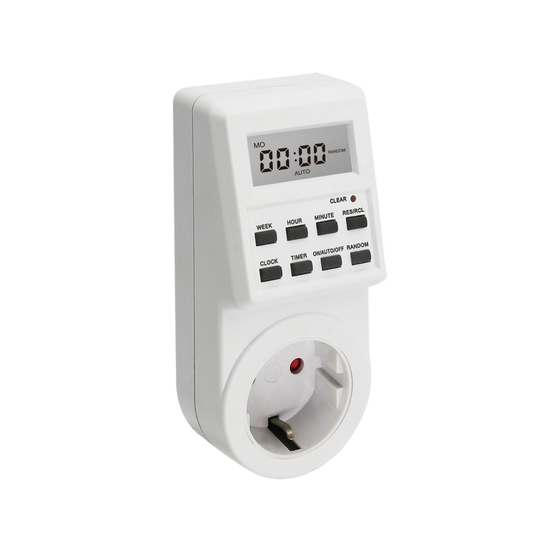 Ein weißer digitaler Timer mit Steckdose. Das Display zeigt 00:00. Es gibt Tasten für Einstellungen.