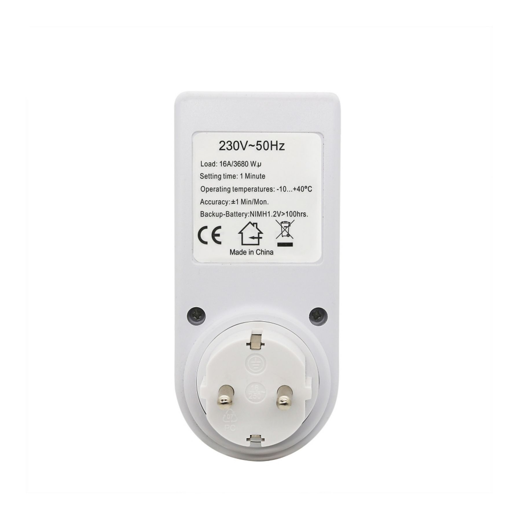 Ein weißer elektrischer Timer mit Stecker. Er enthält Text zu Spannung, Last und Betriebstemperaturen.