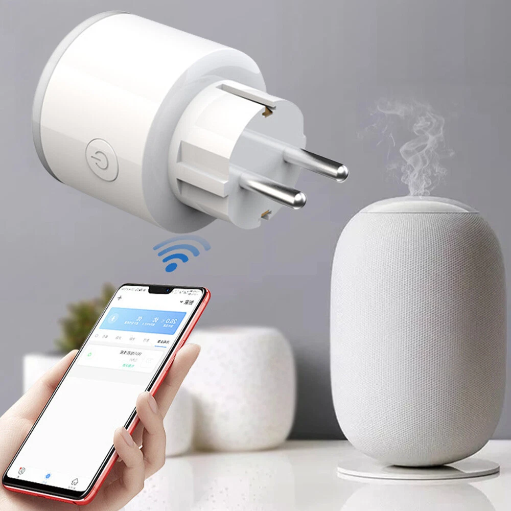 Ein Smart-Plug, ein Handy mit App und ein weißer Luftbefeuchter. Das Telefon steuert den Stecker per WLAN. Rauch kommt vom Luftbefeuchter.