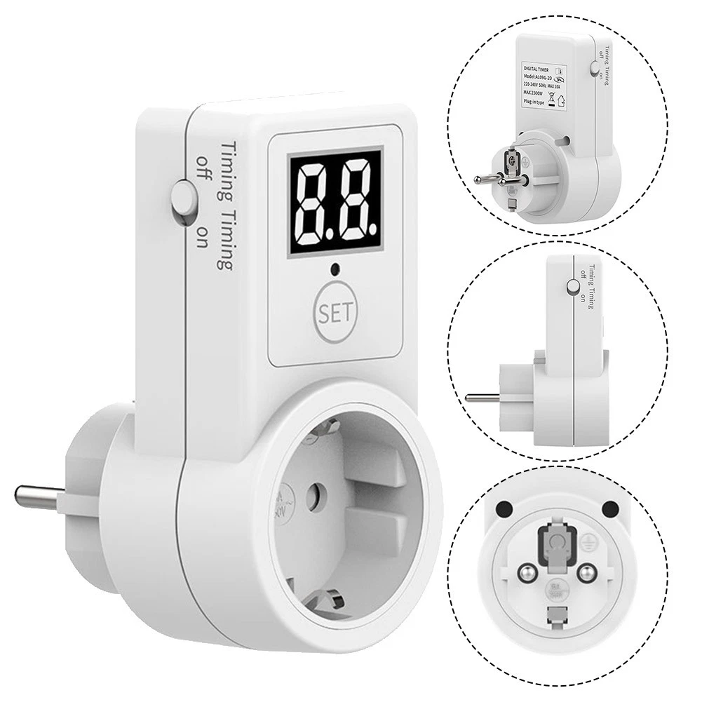 Weißer digitaler Timer mit Steckdose. Er hat eine LED-Anzeige, eine Set-Taste und einen Ein/Aus-Schalter. Es gibt zusätzliche Ansichten.