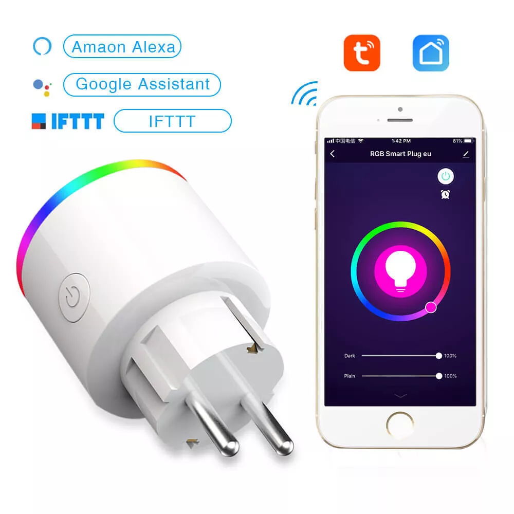 Ein intelligenter Stecker mit Regenbogen-Lichtring, ein Smartphone mit Lichtsteuerung und Icons für Sprachassistenten.