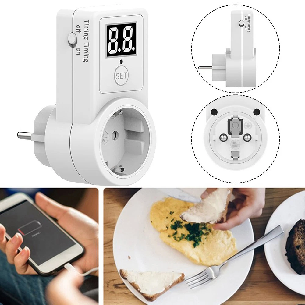 Weißer Steckdosen-Timer mit Digitalanzeige, ein ladendes Telefon und ein Teller mit Essen und Brot.