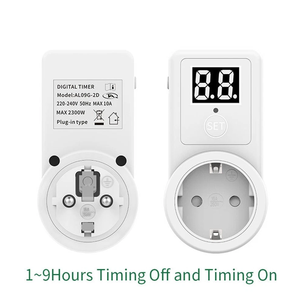 Zwei weiße Digitaltimer. Einer zeigt Einstellungen an, der andere einen Stecker. Text: 1-9 Stunden Timing ein/aus.