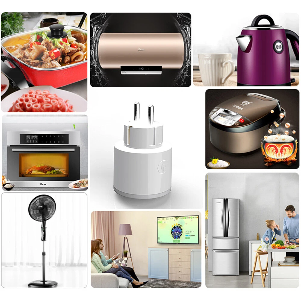 Eine Collage, die verschiedene Geräte zeigt: ein Topf mit Essen, eine Klimaanlage, ein Wasserkocher, Essen, ein Ofen, ein Smart Plug, ein Reiskocher, ein Ventilator, ein Fernseher, ein Kühlschrank und ein kochendes Paar.