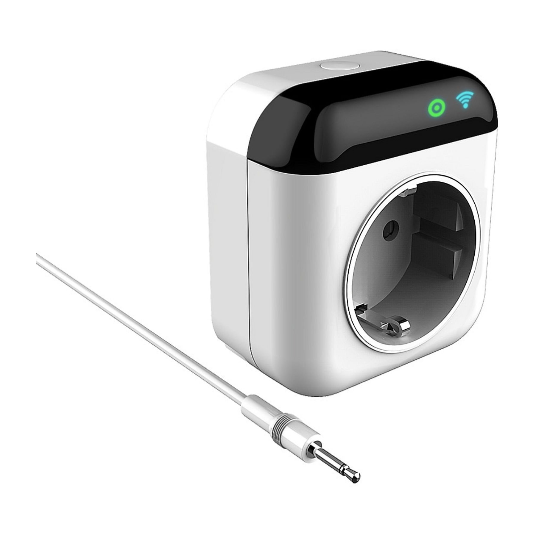 Ein weißer Smart Plug mit schwarzer Oberseite, einer Steckdosenöffnung und einem Kabel mit Klinkenstecker.