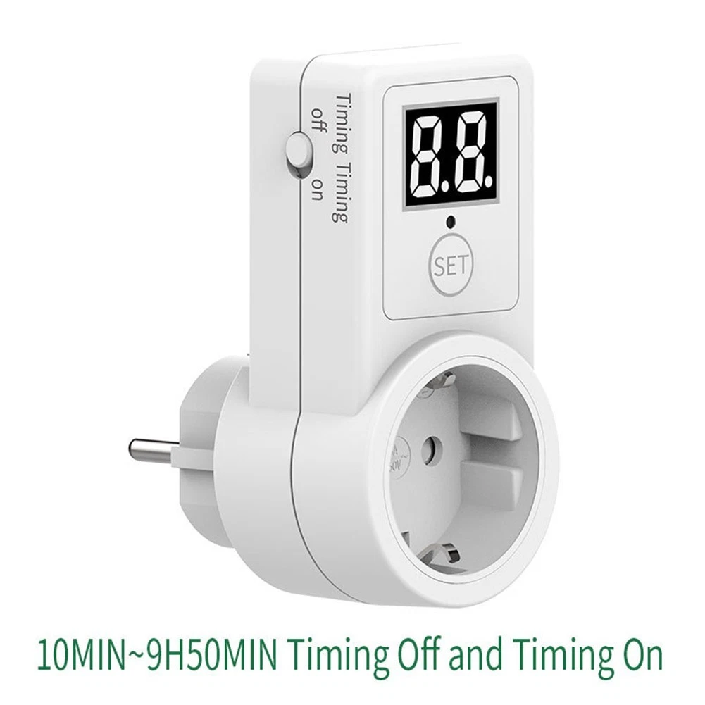 Ein weißer digitaler Timer mit Stecker. Er hat eine Digitalanzeige mit '8.8'. Text: 'Timing Aus und Ein'. Es gibt eine Set-Taste.