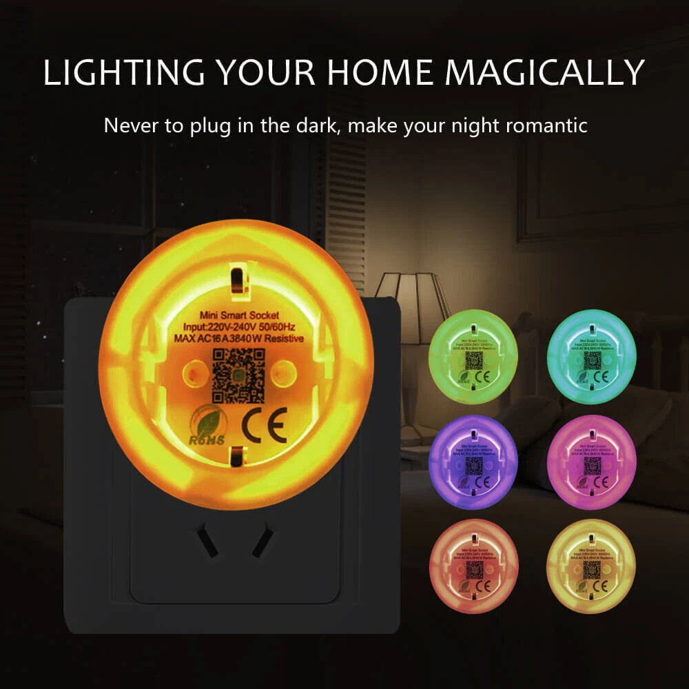 Ein beleuchteter Smart-Socket, der orange leuchtet, in eine schwarze Steckdose gesteckt. Mehrere farbige Steckdosen werden angezeigt.