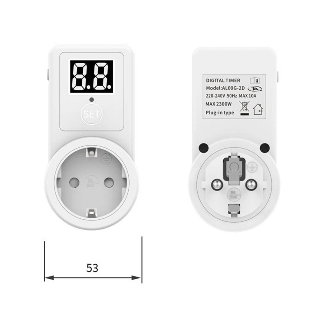 Zwei weiße Digitaltimer. Einer zeigt die Zeit an, der andere hat Text und eine Steckdose. Ein Maß von 53 mm ist gezeigt.