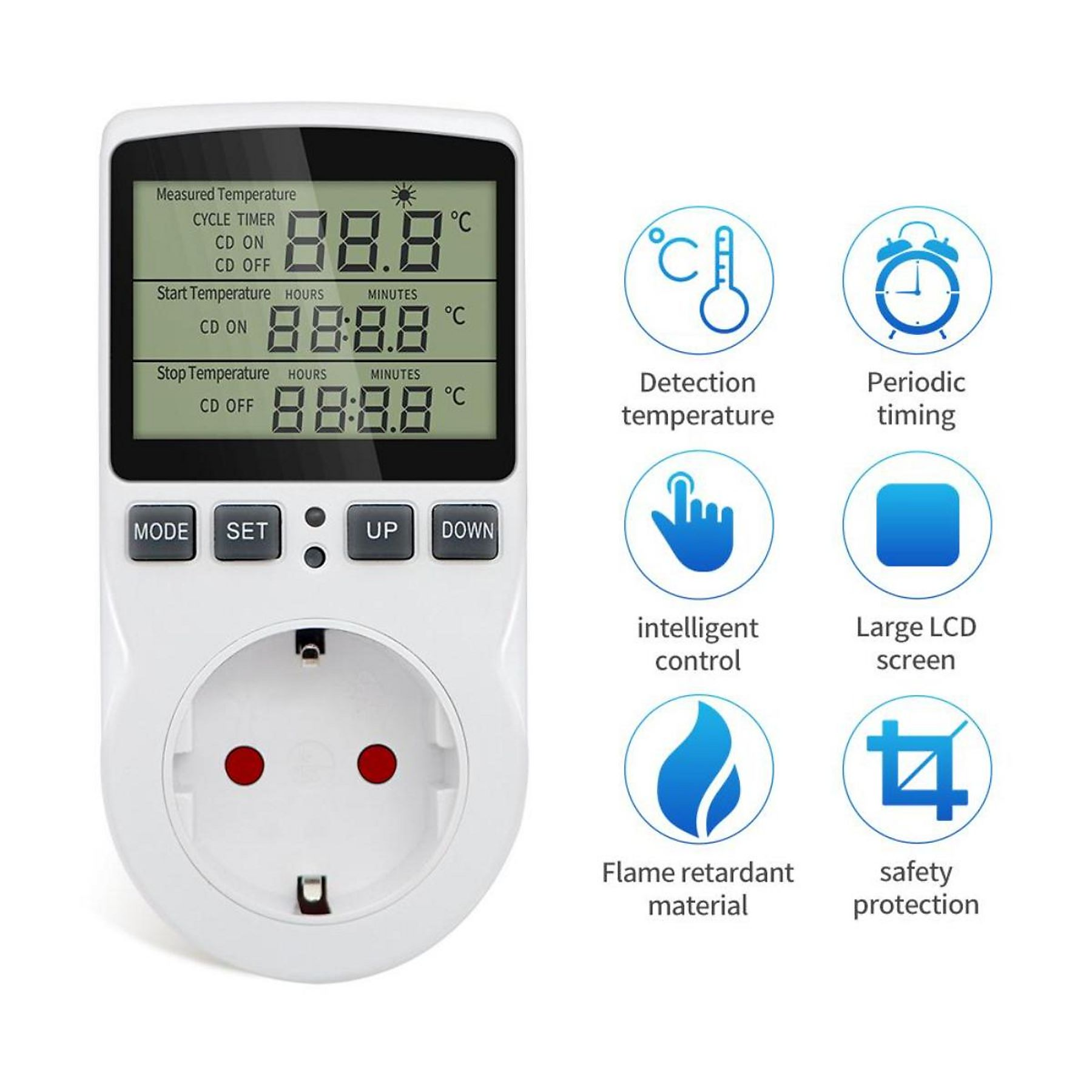 Digitales Thermostat mit Temperaturanzeige. Symbole zeigen Funktionen wie Temperaturerfassung und Sicherheit an.