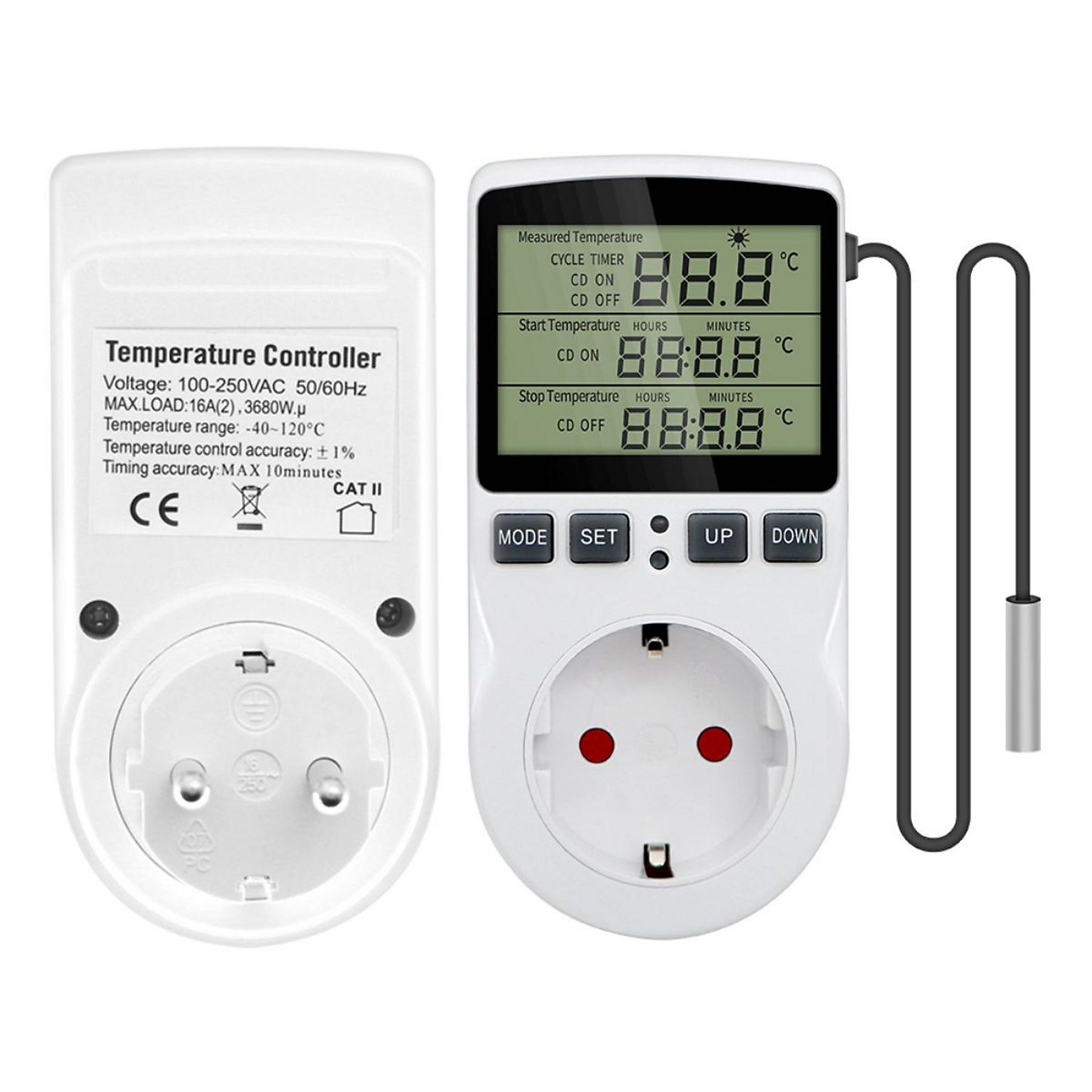 Ein weißer Temperaturregler mit Digitalanzeige für Temperatur und Zeit, mit Steckdose.