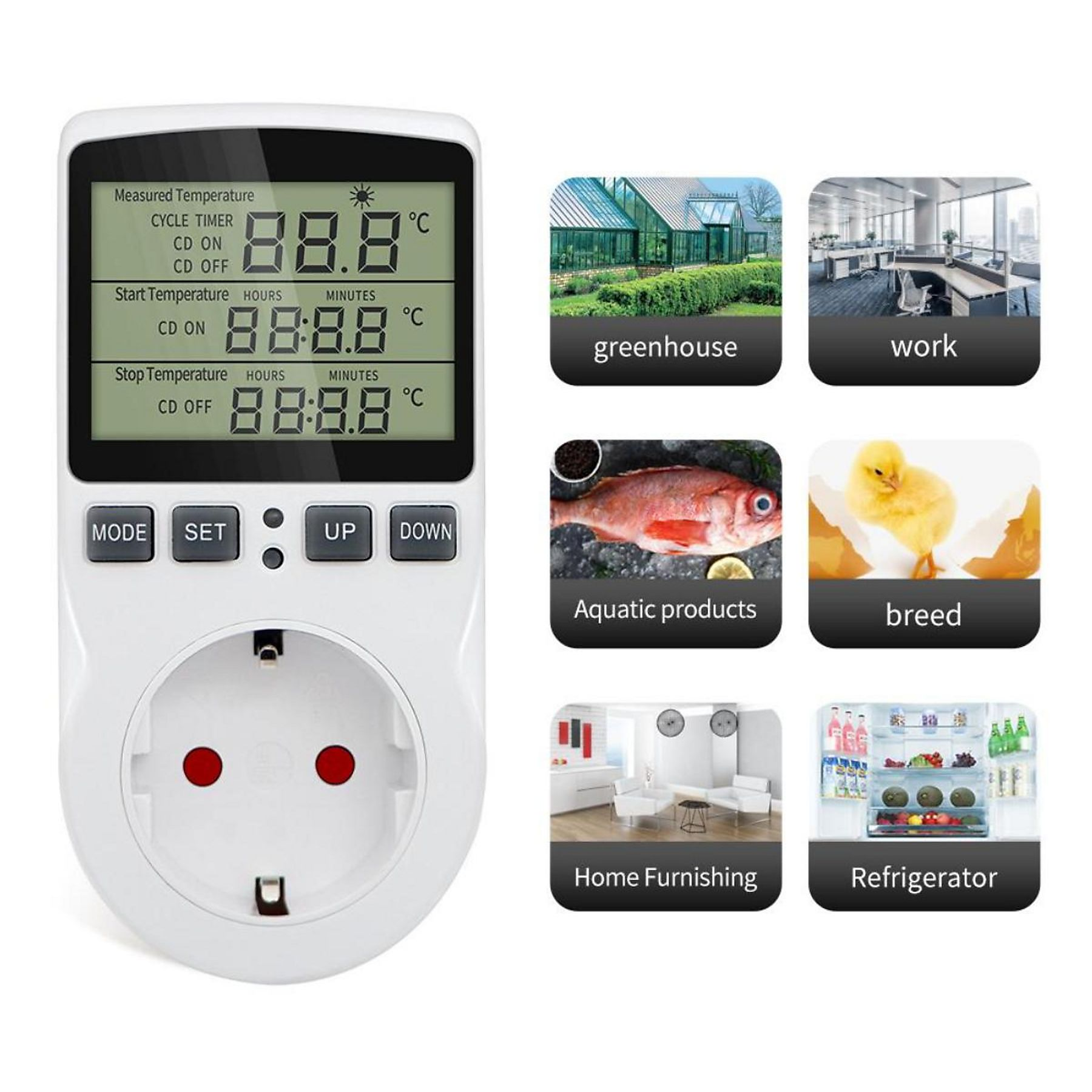 Ein weißer digitaler Thermostat mit Anzeige von Zahlen. Es gibt Tasten und Symbole für verschiedene Funktionen.