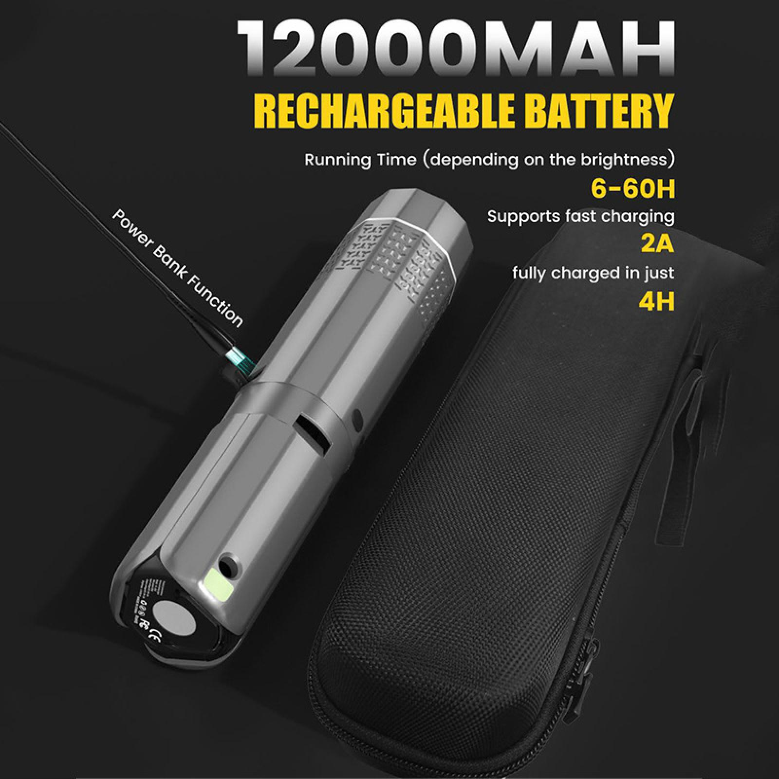 Das Bild zeigt einen wiederaufladbaren Akku mit 12000 mAh Kapazität. Enthält eine Powerbank-Funktion und eine schwarze Tragetasche.