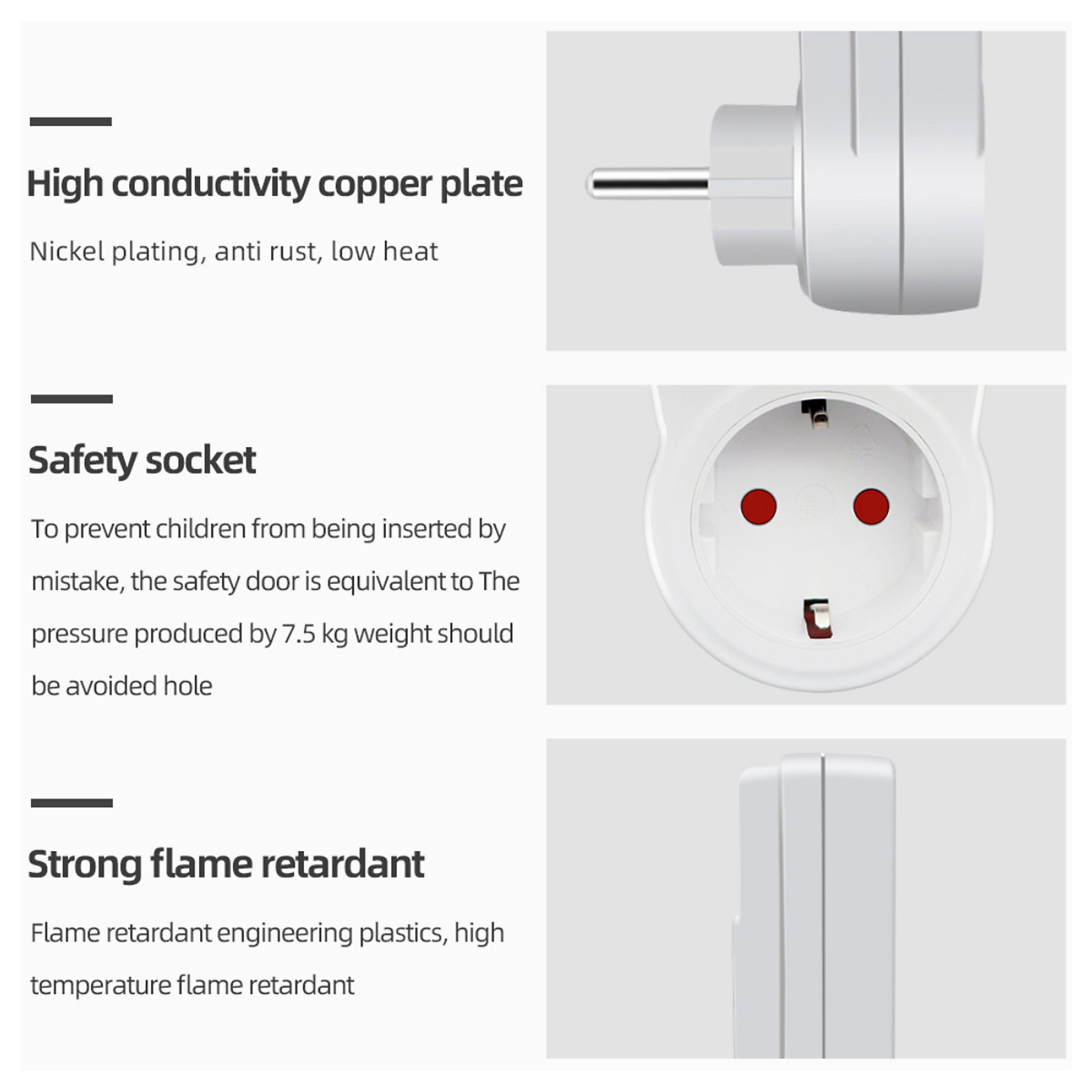 Das Bild zeigt Komponenten der Steckdose. Stecker und Steckdose sind weiß. Text beschreibt Funktionen wie hohe Leitfähigkeit und Feuerbeständigkeit.