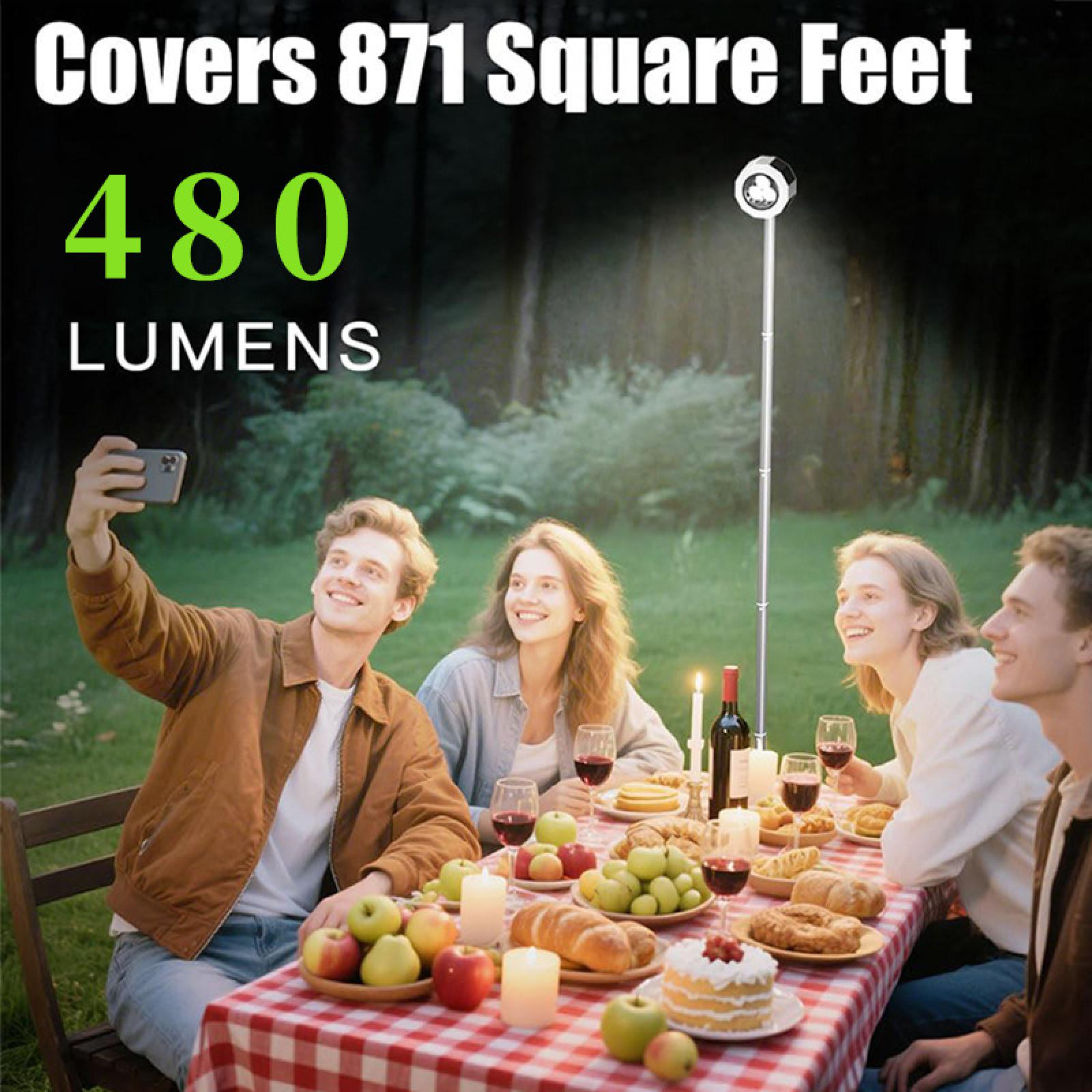 Vier Personen an einem Picknicktisch mit Essen und Getränken. Eine Person macht ein Selfie. Ein Lichtmast ist in der Nähe.