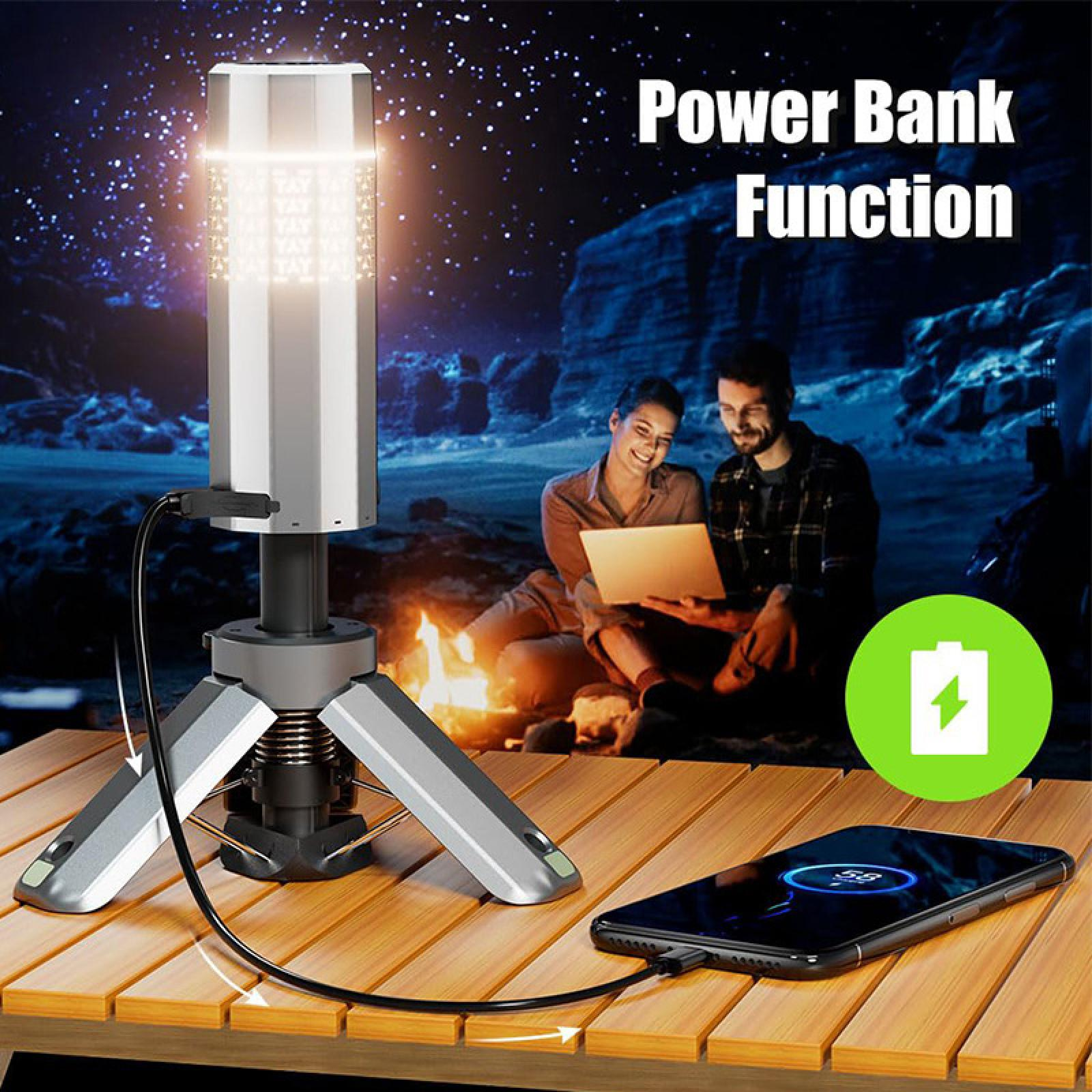 Eine Campinglampe lädt ein Telefon auf. Menschen sitzen am Feuer. Sterne sind am Himmel. Text lautet 'Power Bank Function'.