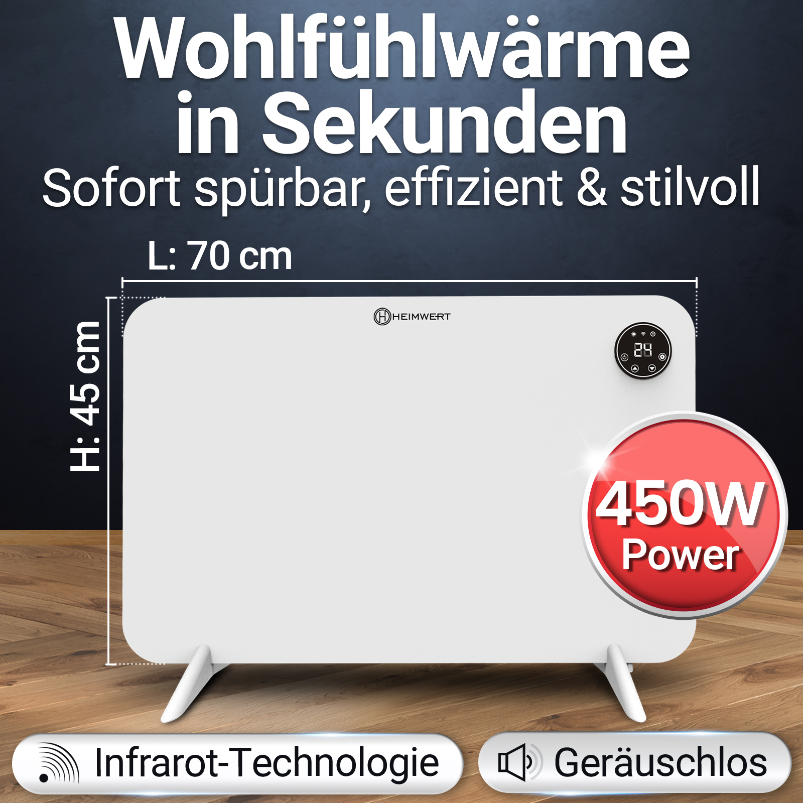 Weißer Heizkörper mit digitaler Anzeige, roter Power-Taste und Text. Abmessungen: 70 x 45 cm. Merkmale: Infrarottechnik, geräuschlos.