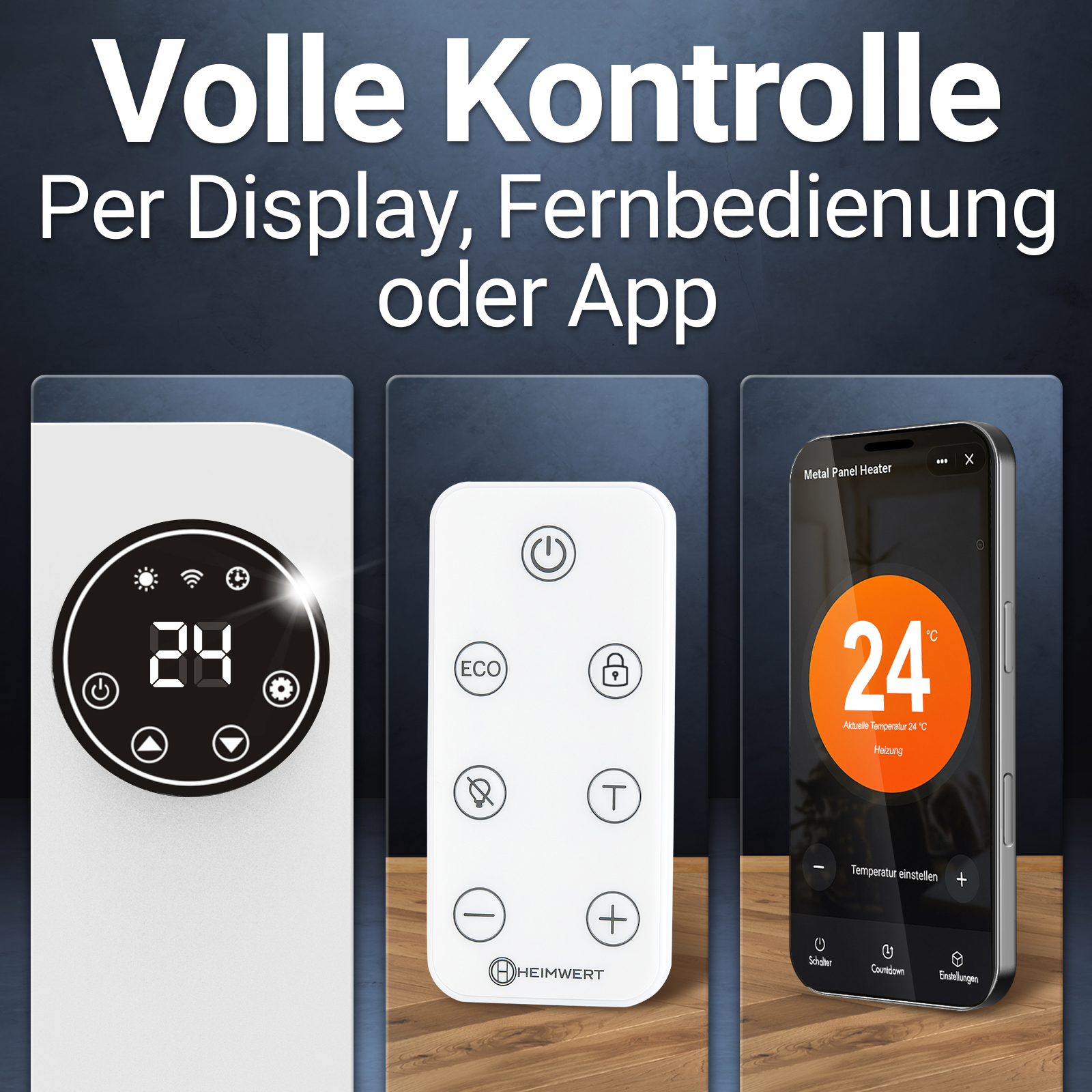 Das Bild zeigt Heizungsanzeige, Fernbedienung und Telefon mit Temperatur. Text sagt 'Volle Kontrolle'.
